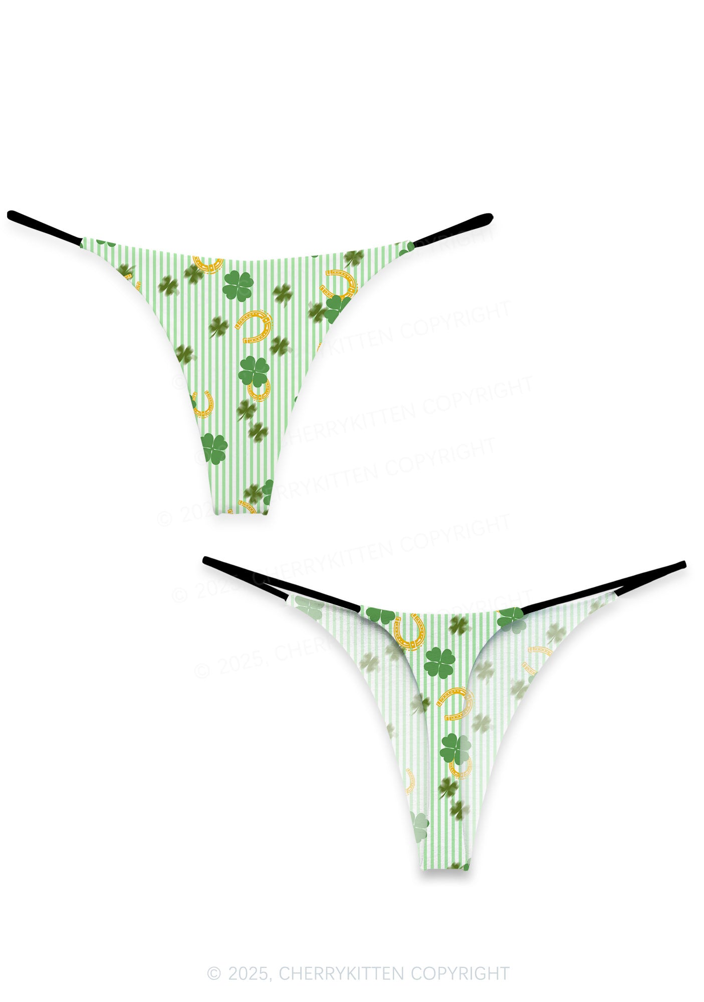 Green Stripe Clover Horseshoe St Patricks Y2K Print Bikini String Thong Cherrykitten