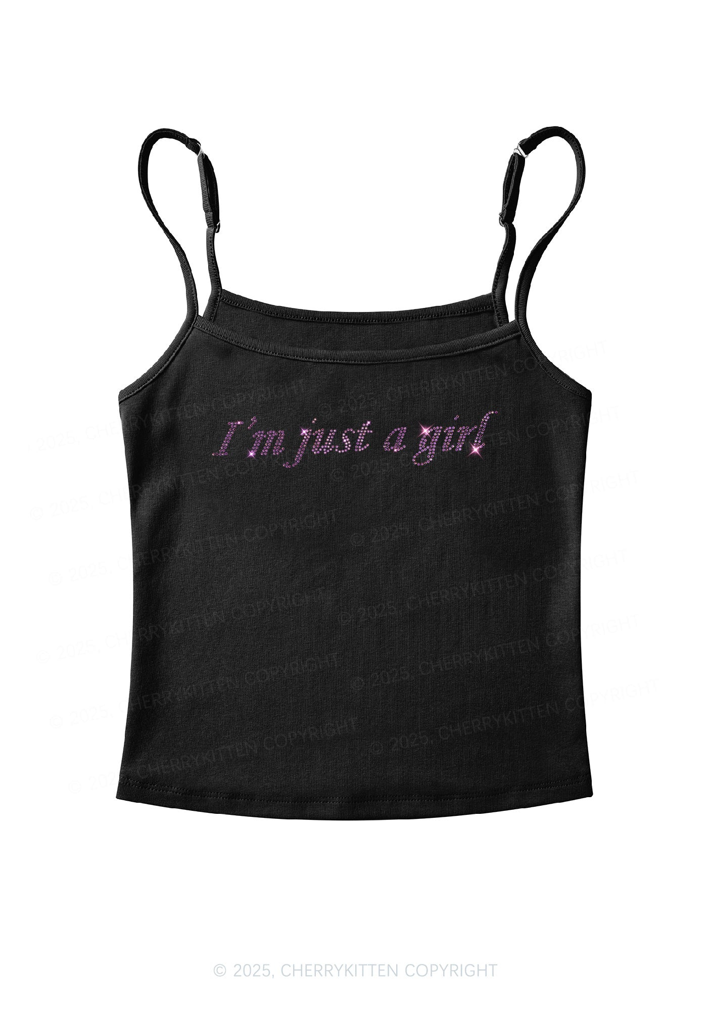 Rhinestone Just A Girl Y2K Spaghetti Strap Cami Cherrykitten