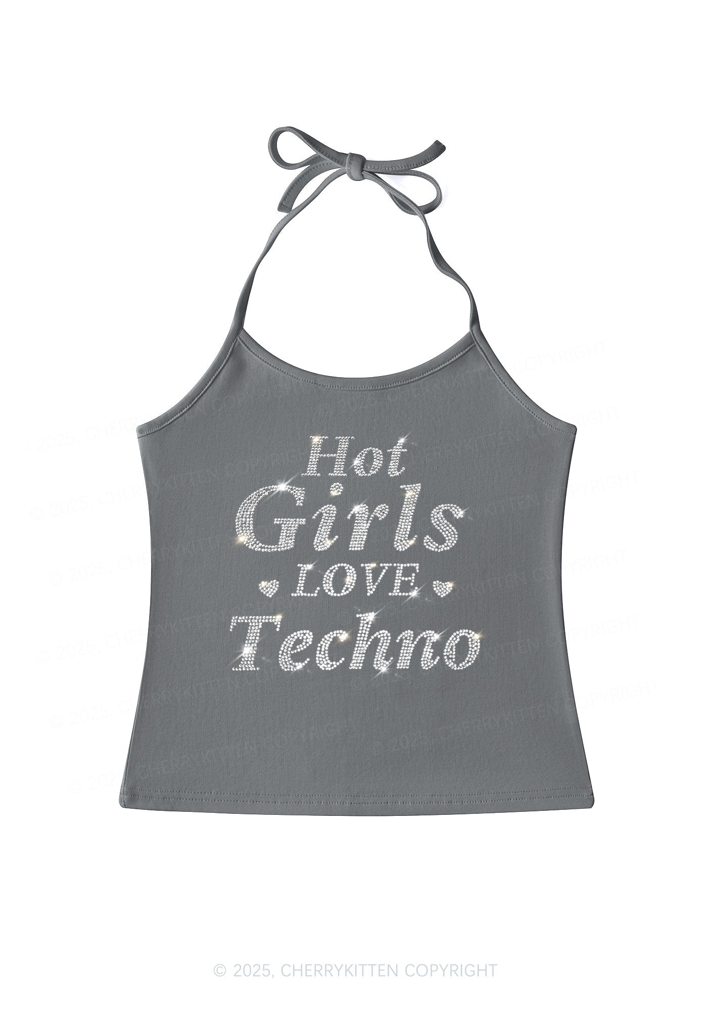Rhinestone Hot Girls Love Techno Y2K Halter Neck Cami Cherrykitten