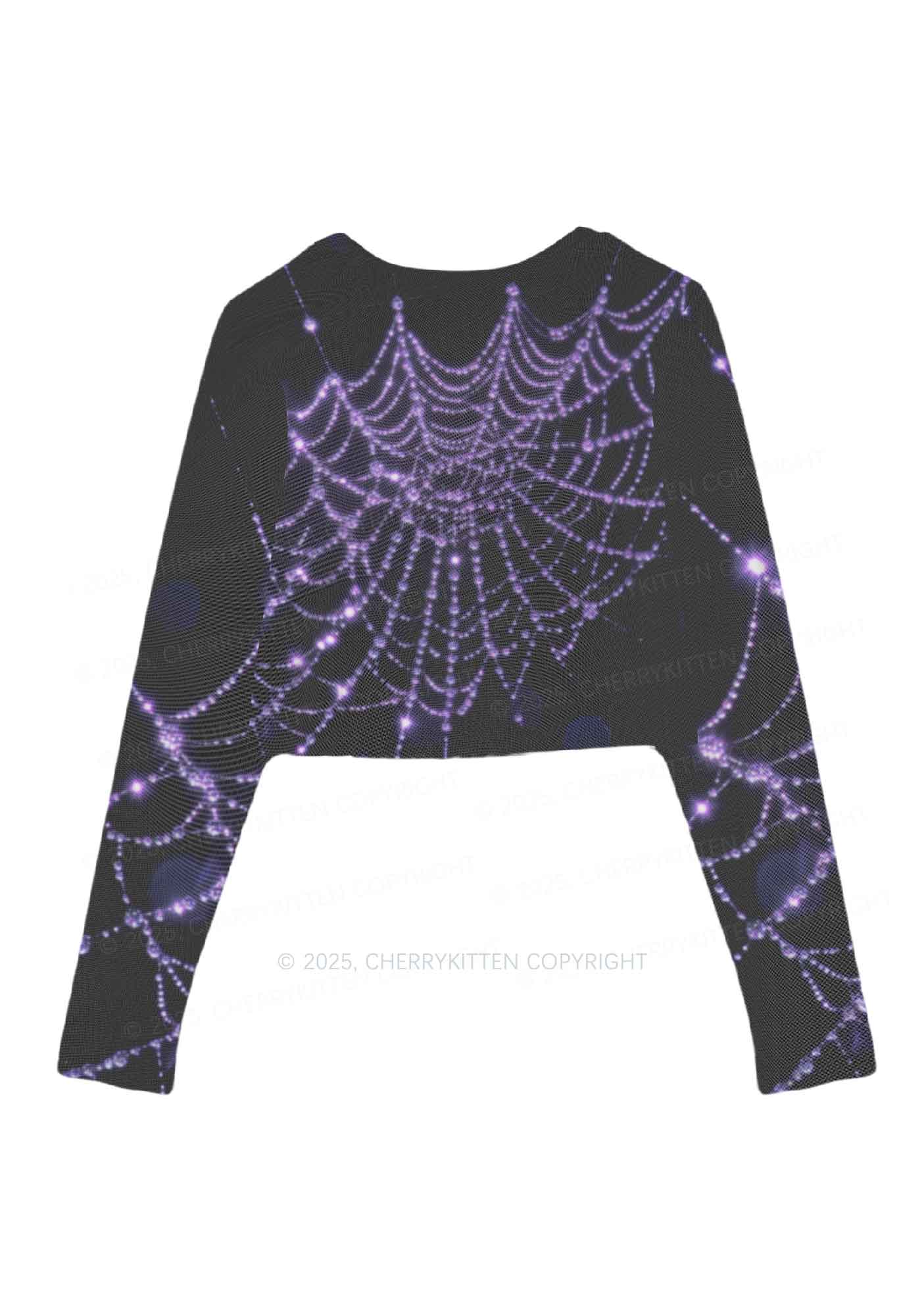 Glistening Spiderweb Y2K Mesh Long Sleeve Crop Top Cherrykitten