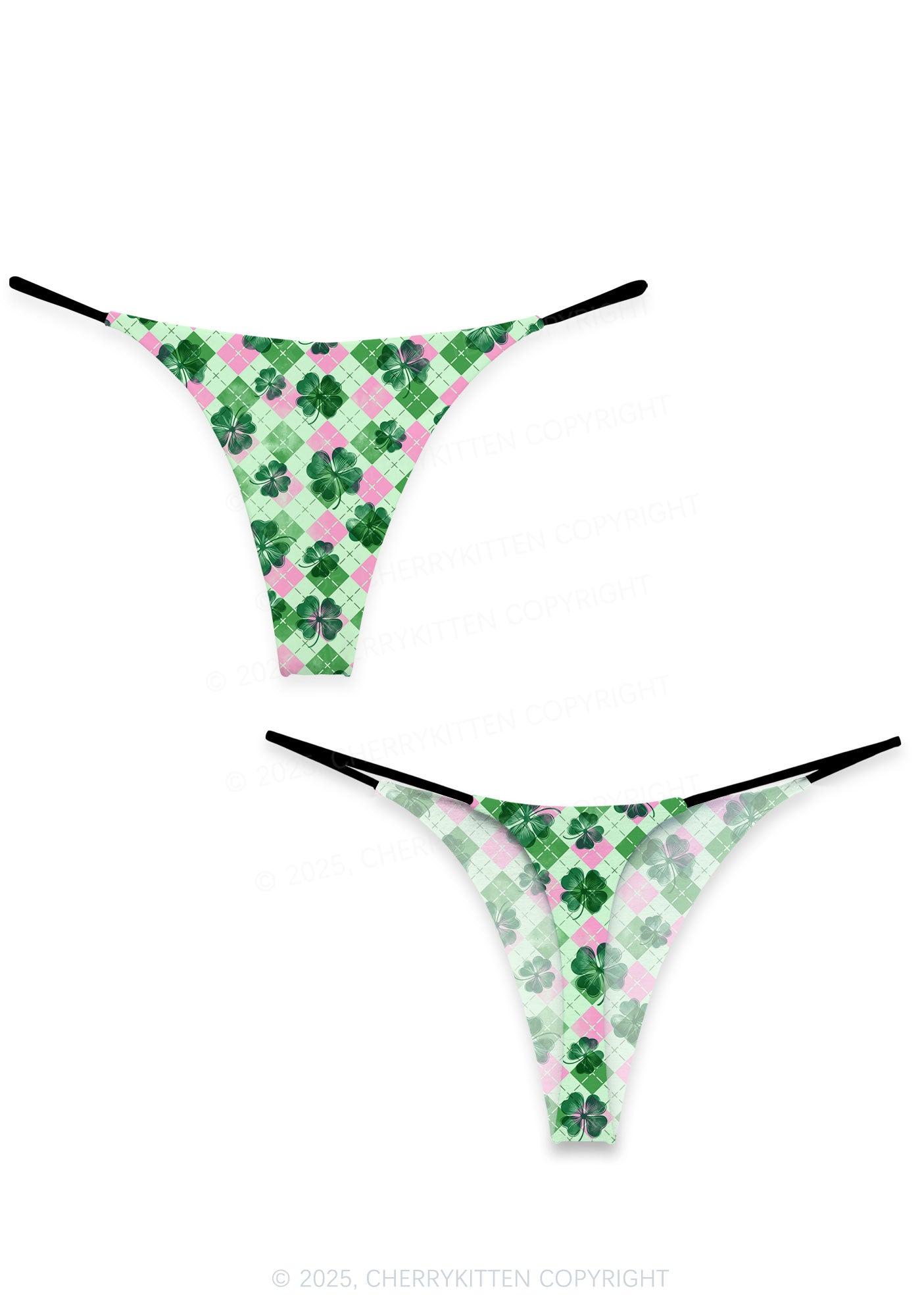 Four Leaf Clover Pink Plaid St Patricks Y2K Print Bikini String Thong Cherrykitten