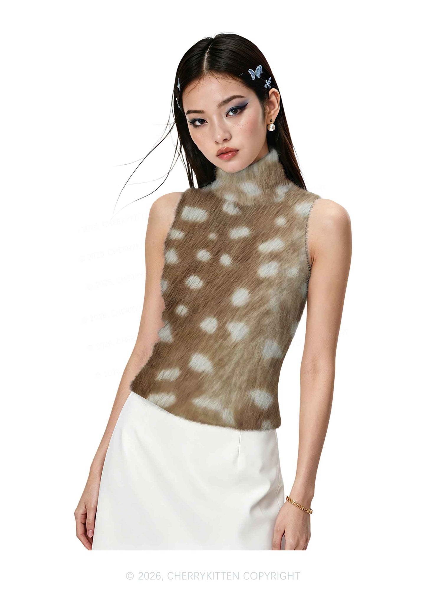Deer Texture Y2K Knit Turtleneck Tank Top Cherrykitten