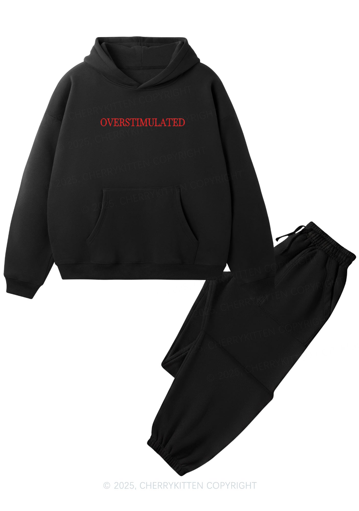 Embroidered Overstimulated Y2K Fleece Hoodie Set Cherrykitten