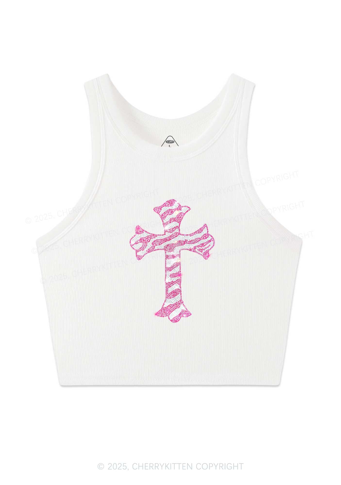 Rhinestone Pink Cross Y2K Crop Tank Top Cherrykitten