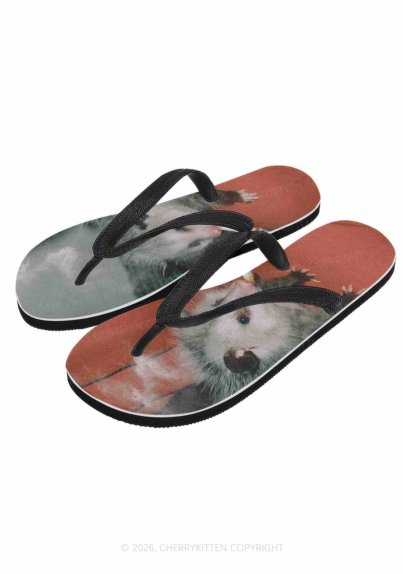 Smoking Badass Possum Y2K Print Flip Flops Cherrykitten