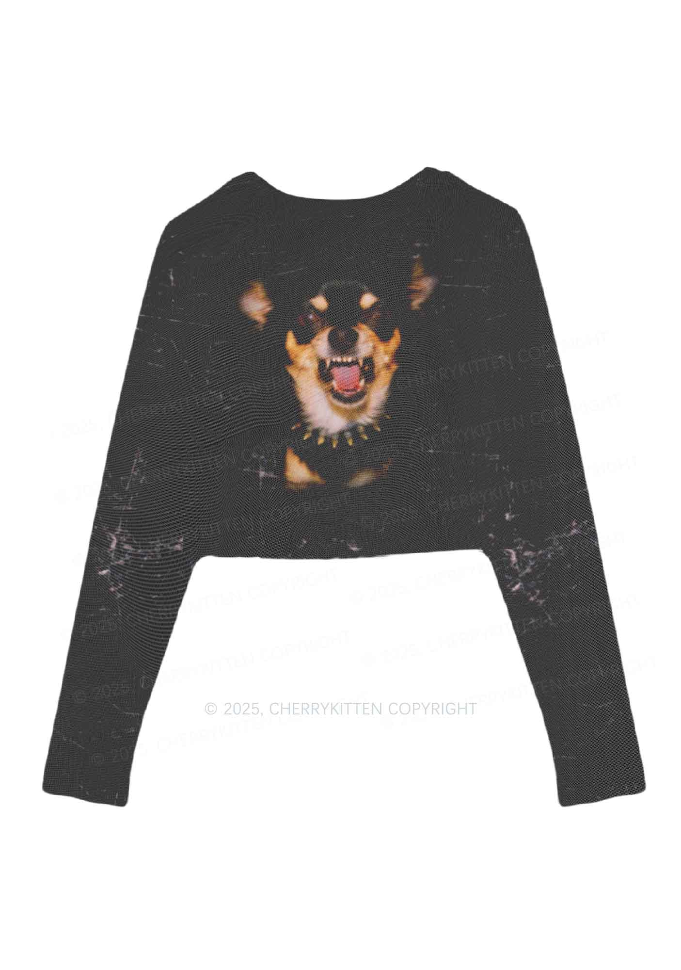 Growling Puppy Y2K Mesh Long Sleeve Crop Top Cherrykitten