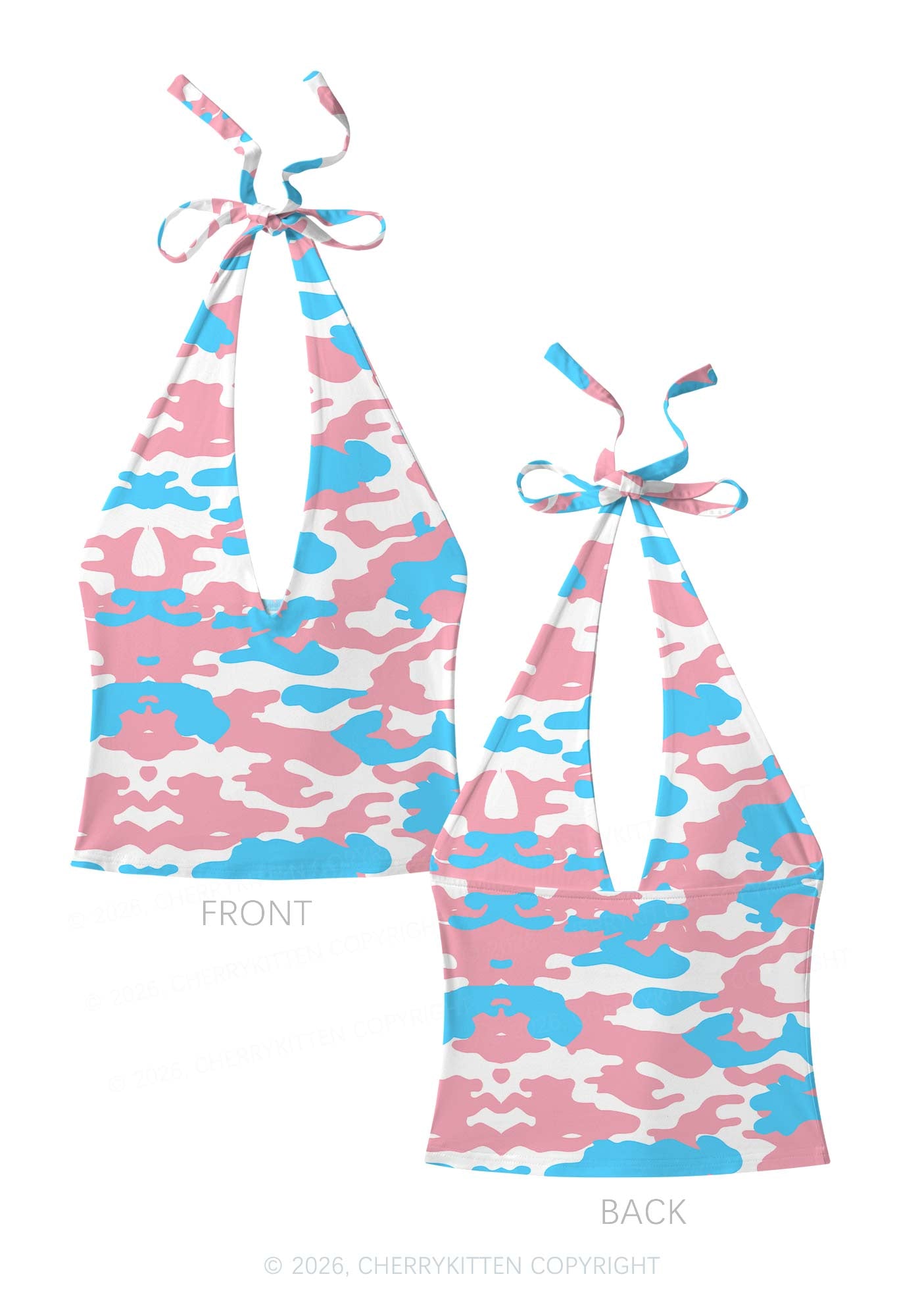 Trans Camouflage Pride Y2K Print Halter Deep V Neck Cami Cherrykitten