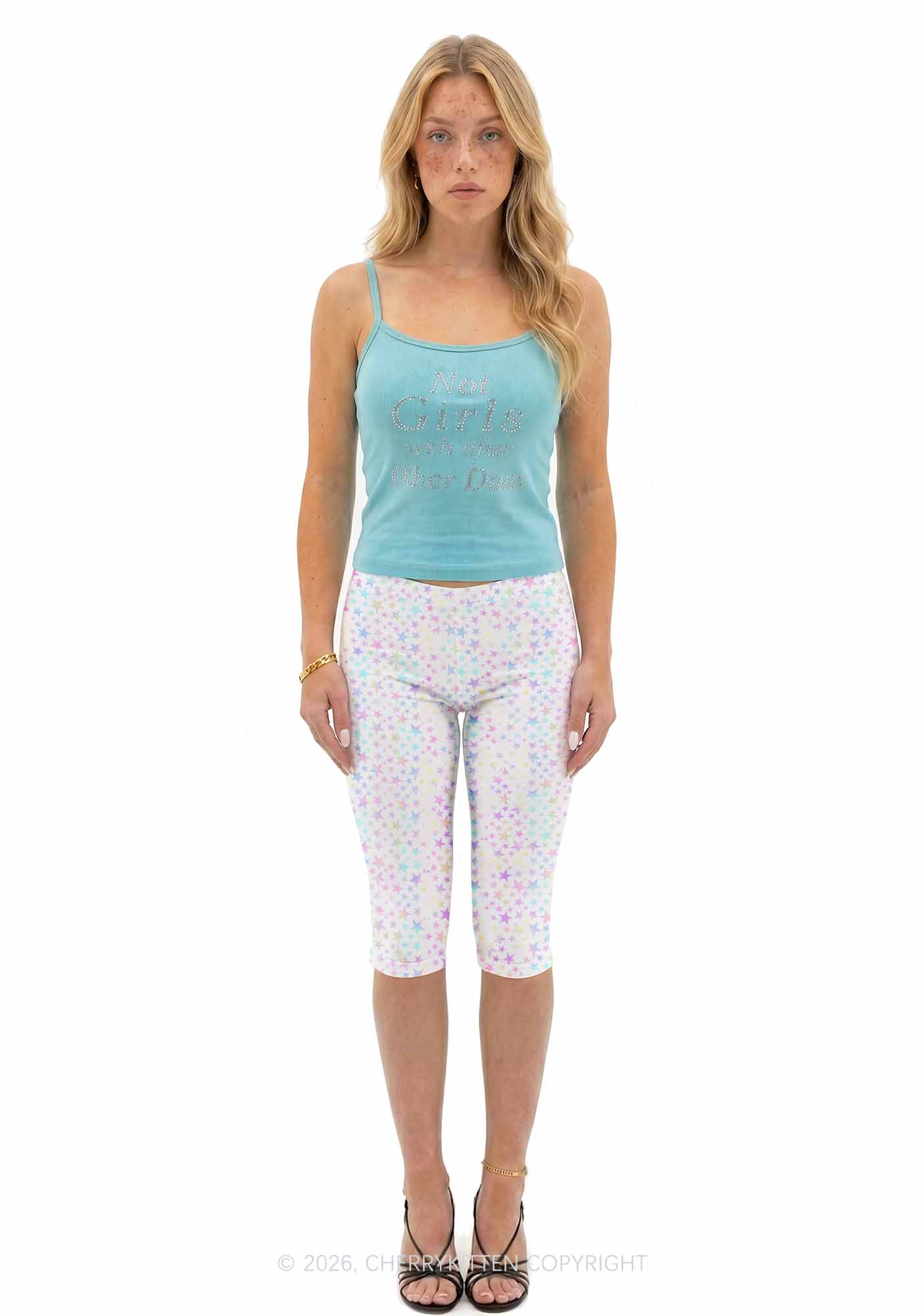 Rainbow Star On White Y2K Print Capri Pants Cherrykitten