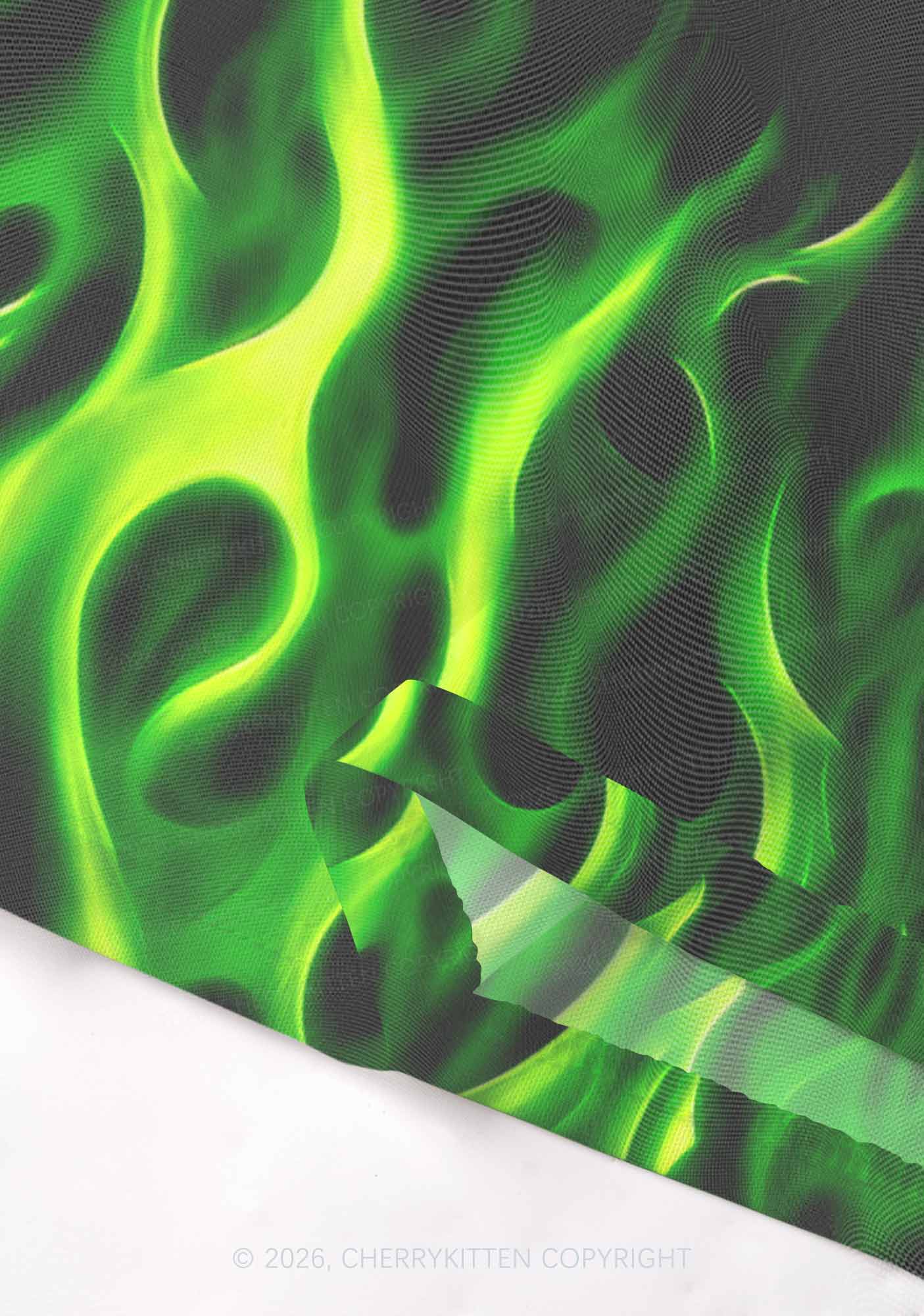 Neon Green Flame Y2K Mesh Crop Top Cherrykitten