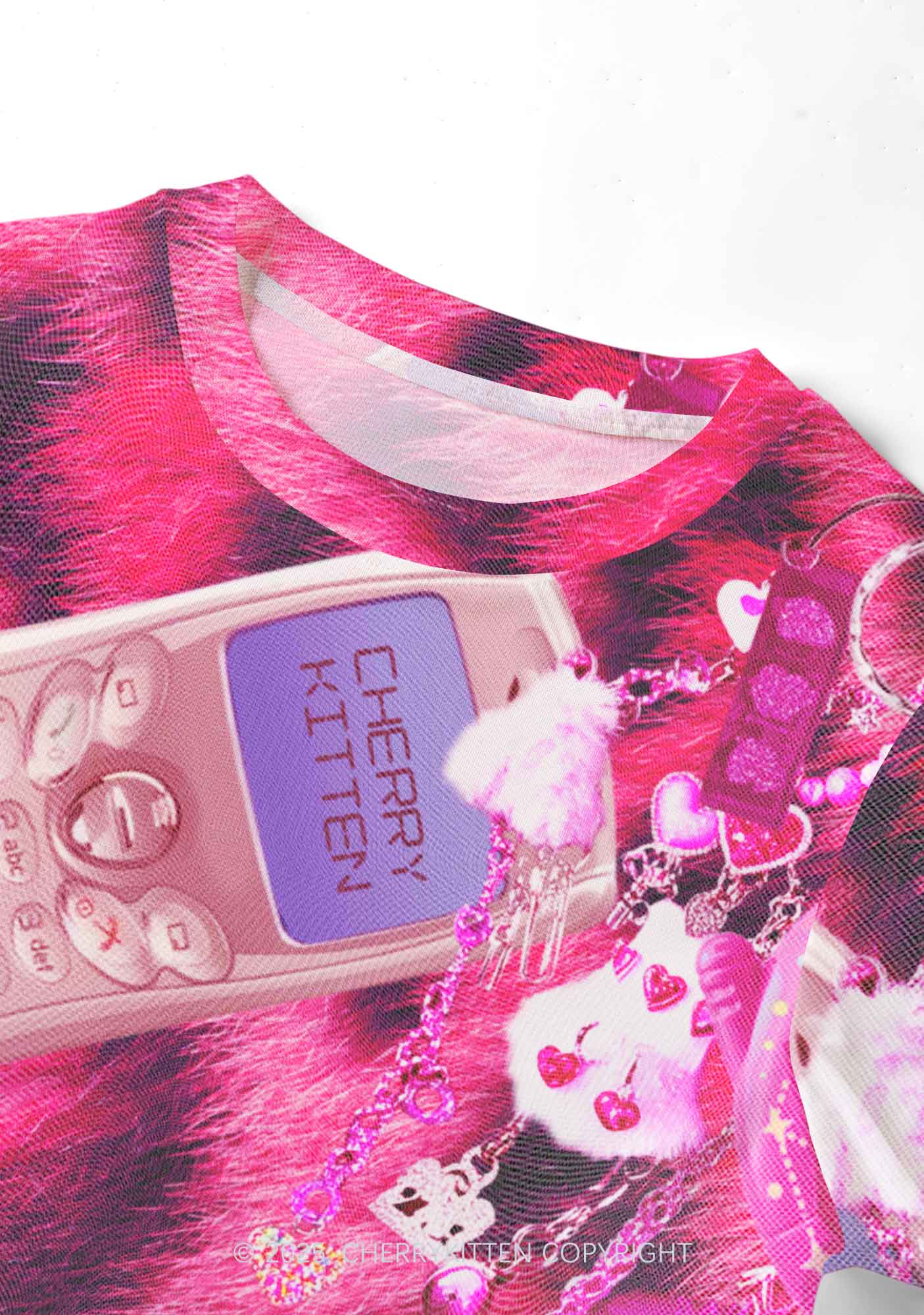 Pink Plush Phone Y2K Mesh Crop Top Cherrykitten