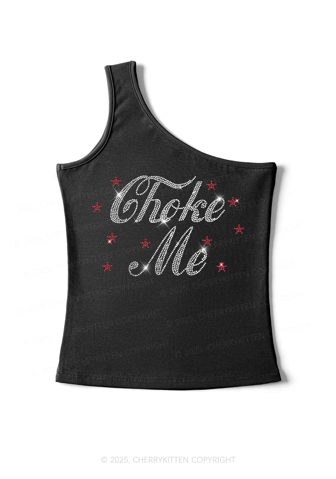 Rhinestone Choke Me Y2K One Shoulder Tank Top Cherrykitten