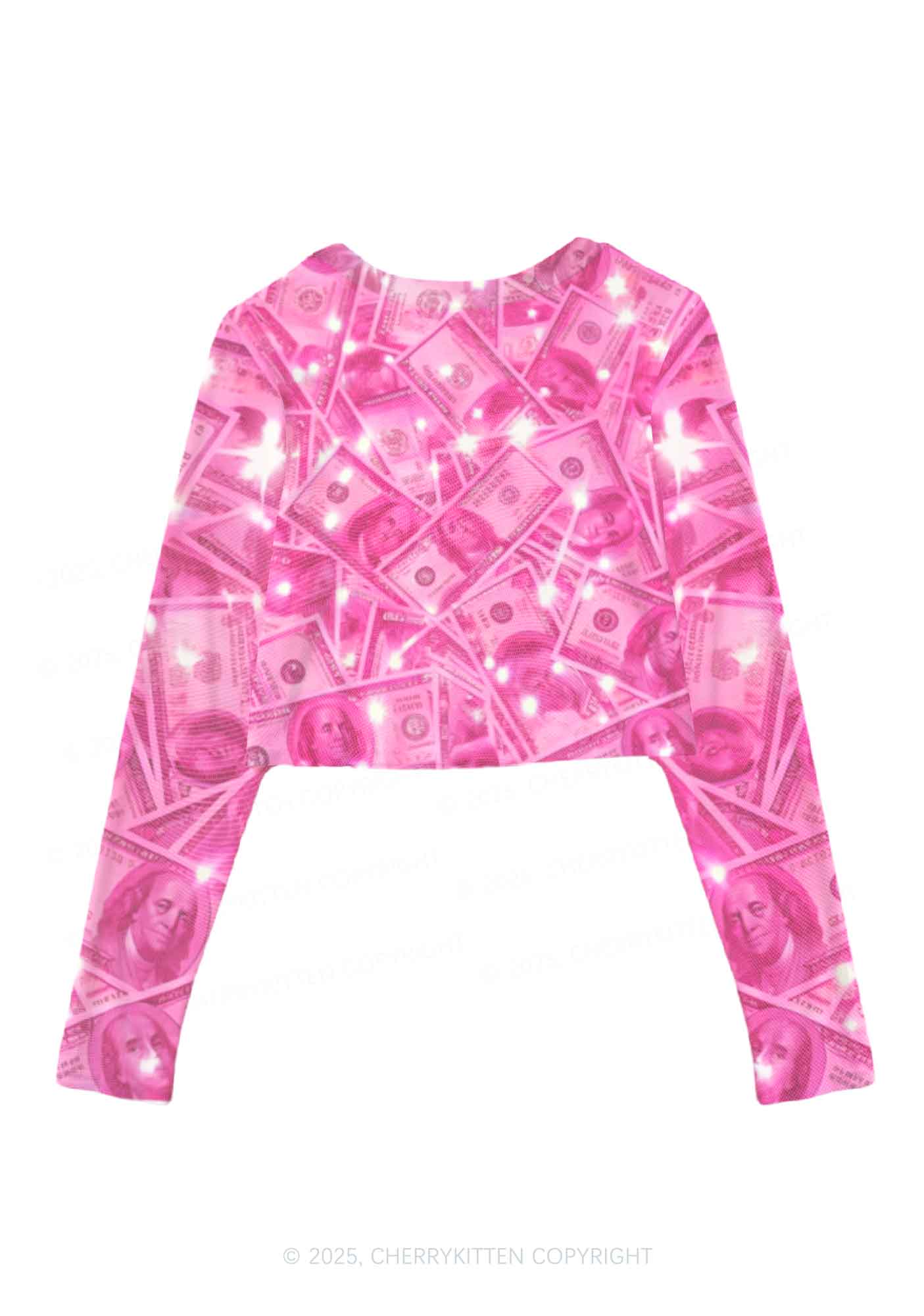 Pink Shiny Money Y2K Mesh Long Sleeve Crop Top Cherrykitten
