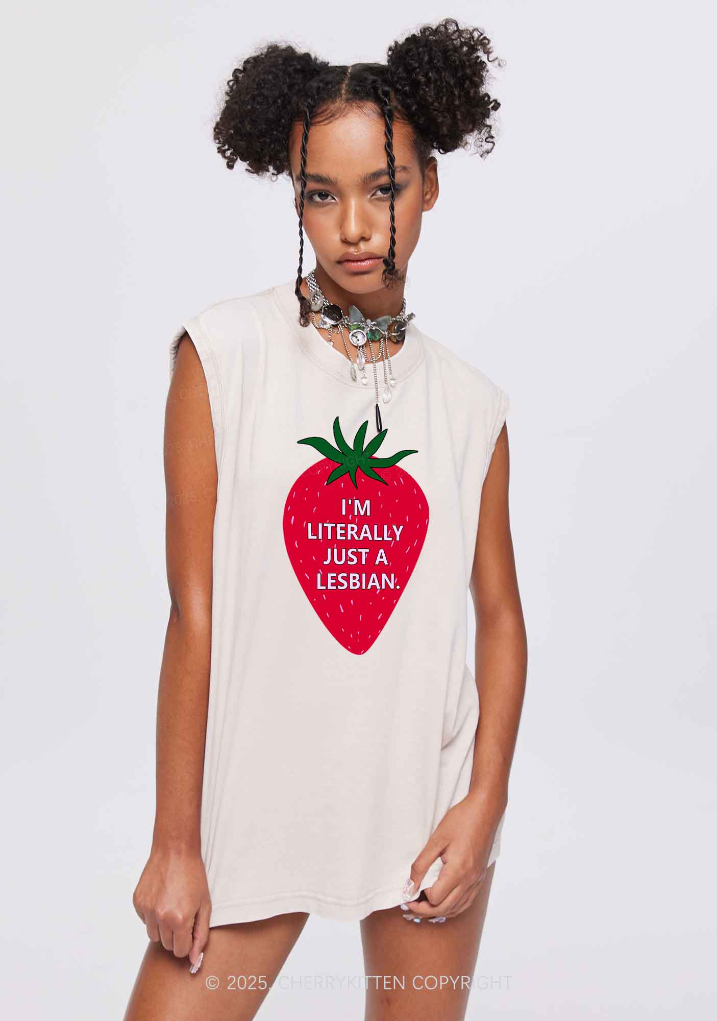 Lesbian Strawberry Pride Y2K Washed Muscle Tank Cherrykitten