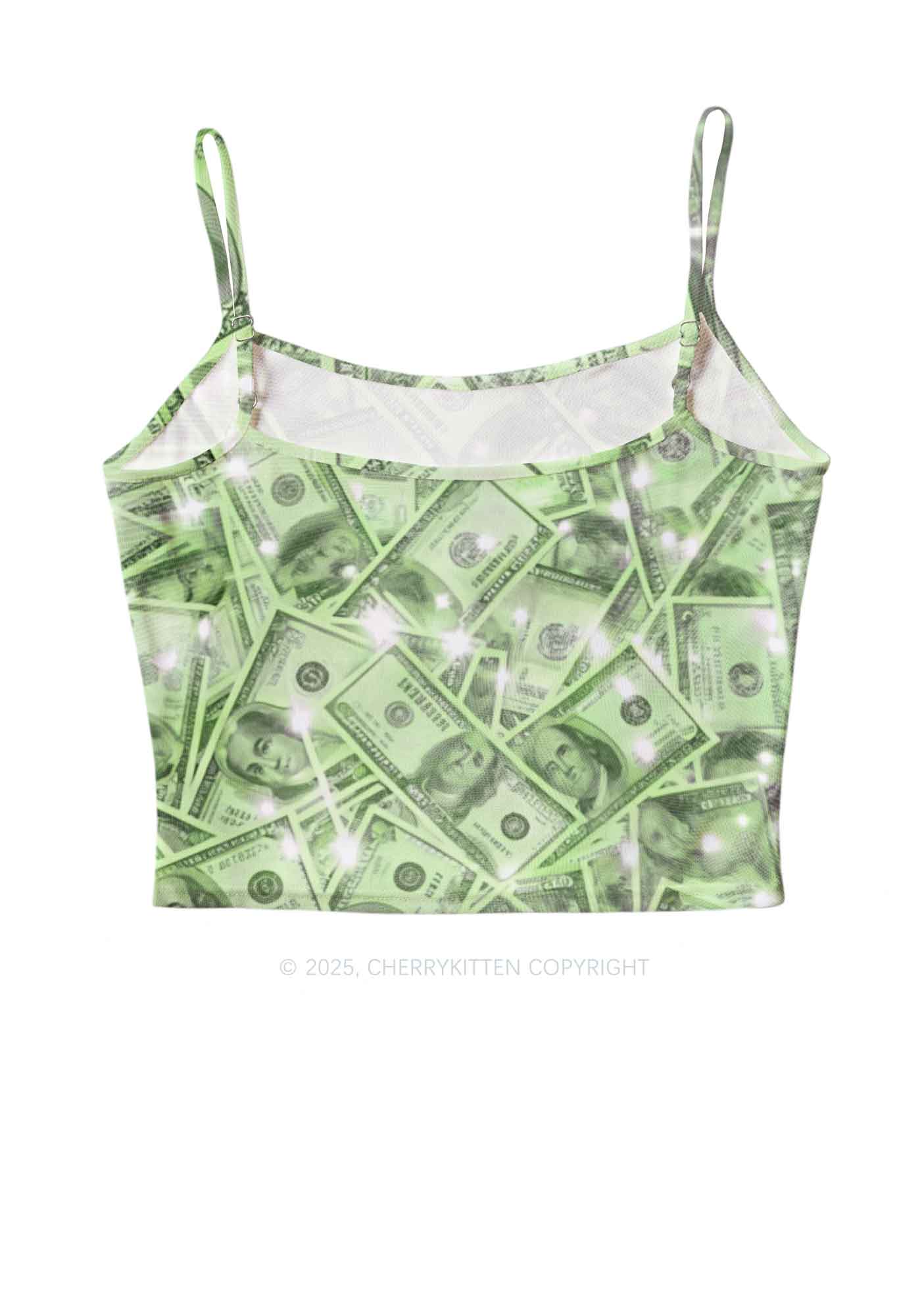Green Shiny Money Y2K Mesh Cami Tank Cherrykitten