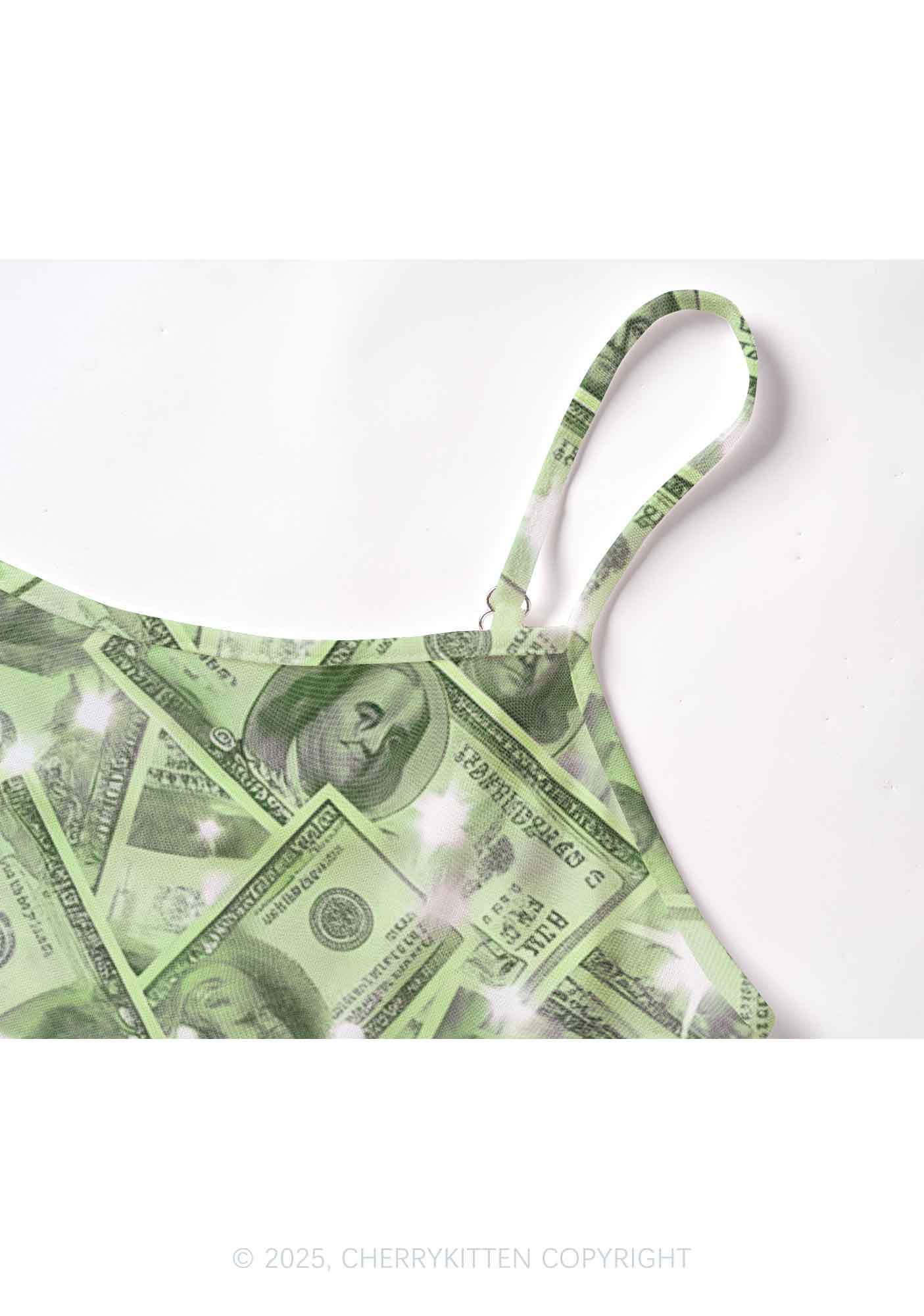 Green Shiny Money Y2K Mesh Cami Tank Cherrykitten