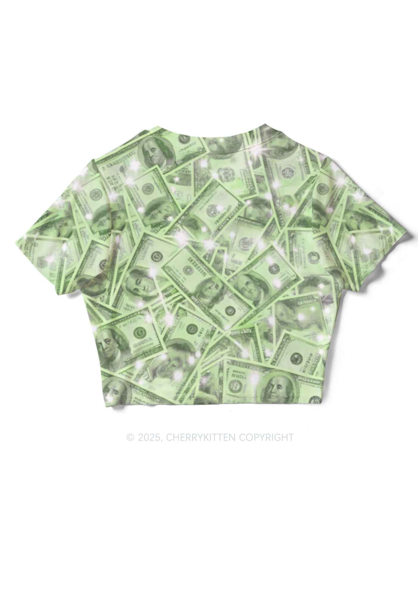 Green Shiny Money Y2K Mesh Crop Top Cherrykitten