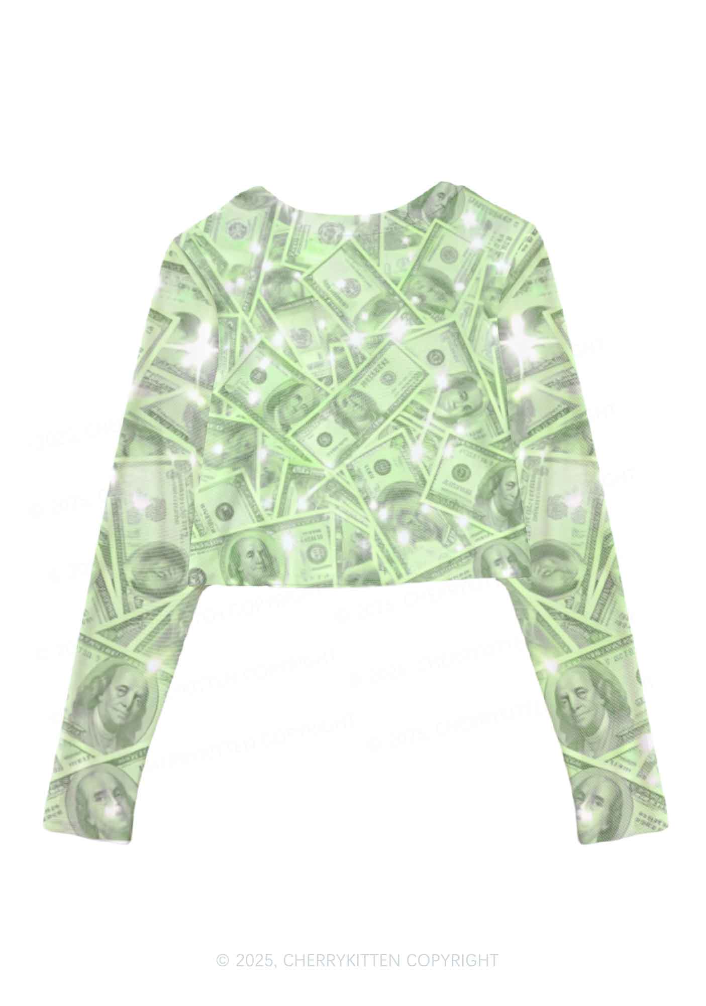 Green Shiny Money Y2K Mesh Long Sleeve Crop Top Cherrykitten