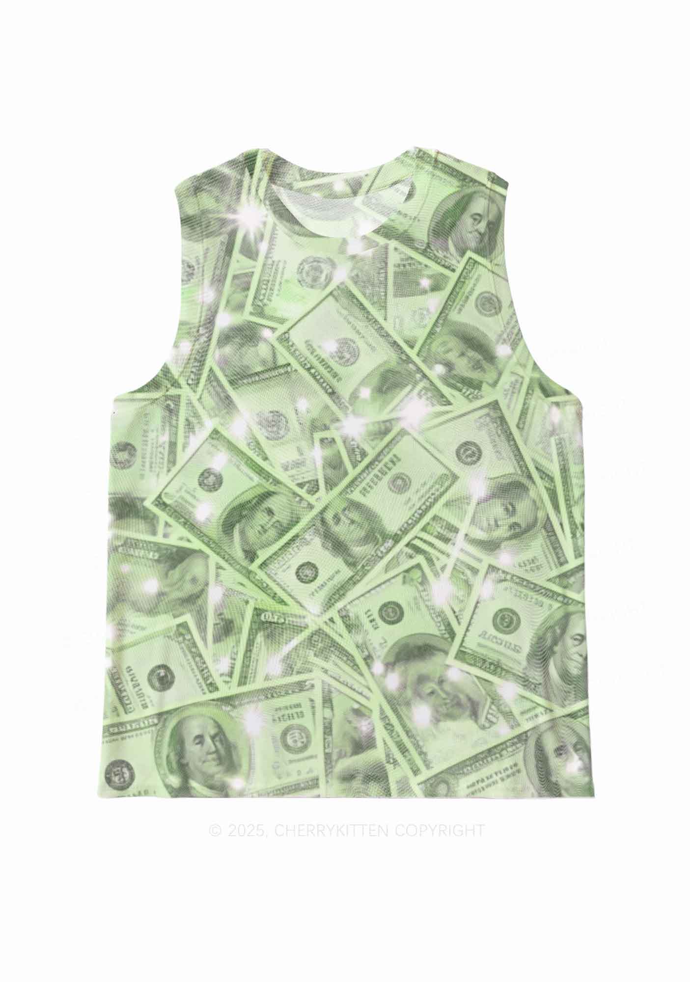 Green Shiny Money Y2K Mesh Muscle Tank Cherrykitten
