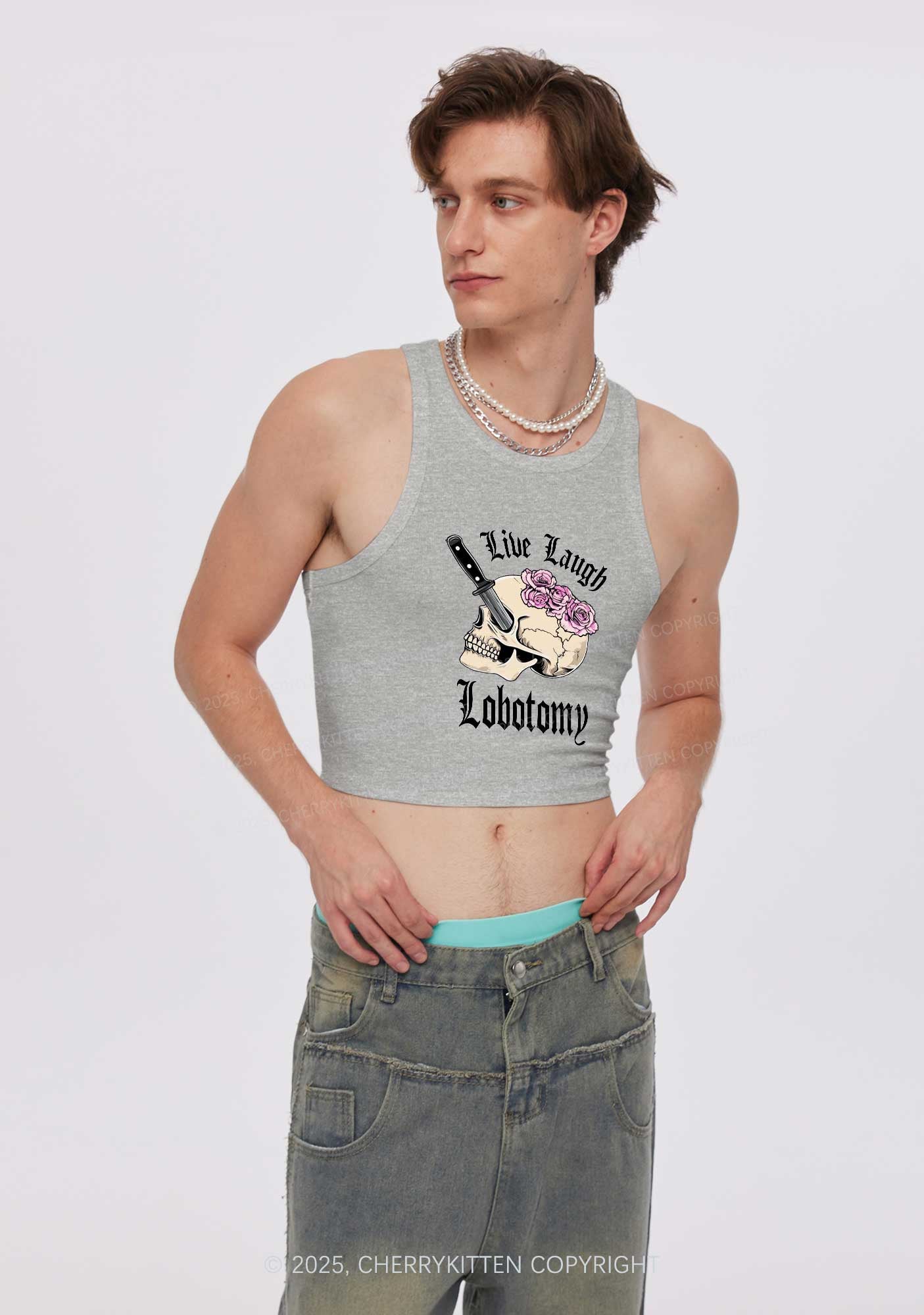 Live Laugh Lobotomy Skull Y2K Crop Tank Top Cherrykitten