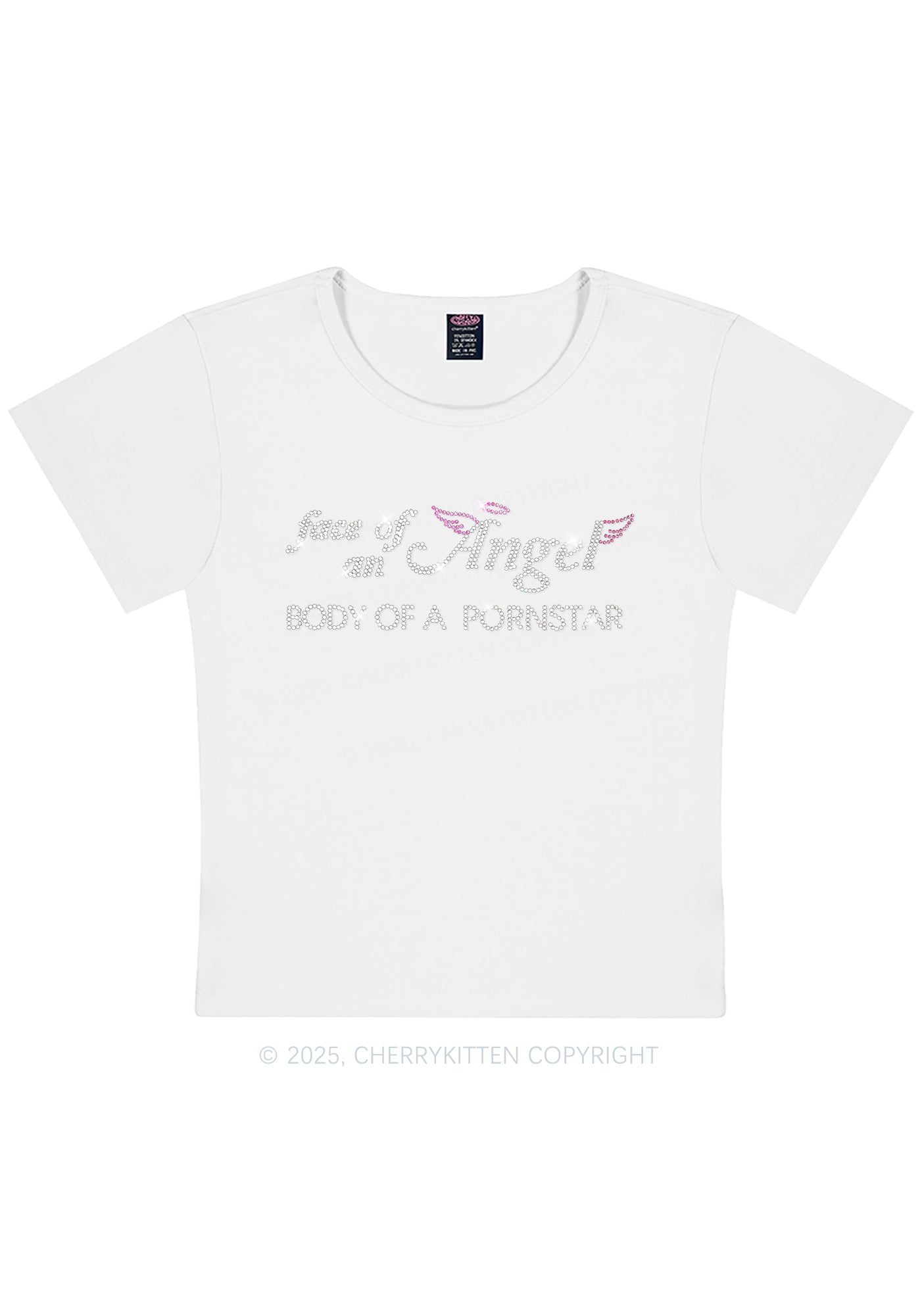 Rhinestone Face Of An Angel Y2K Baby Tee Cherrykitten