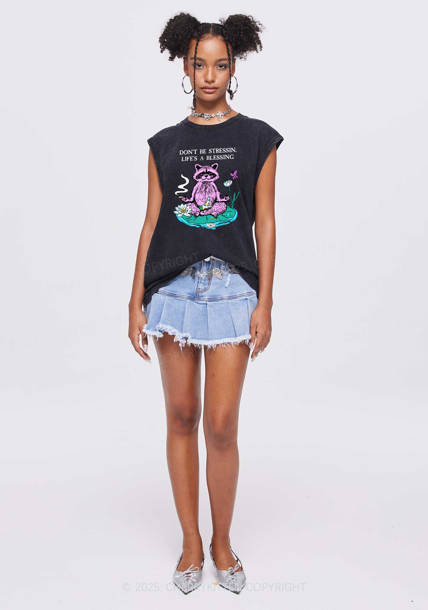 Dont Stress Raccoon Y2K Washed Muscle Tank Cherrykitten