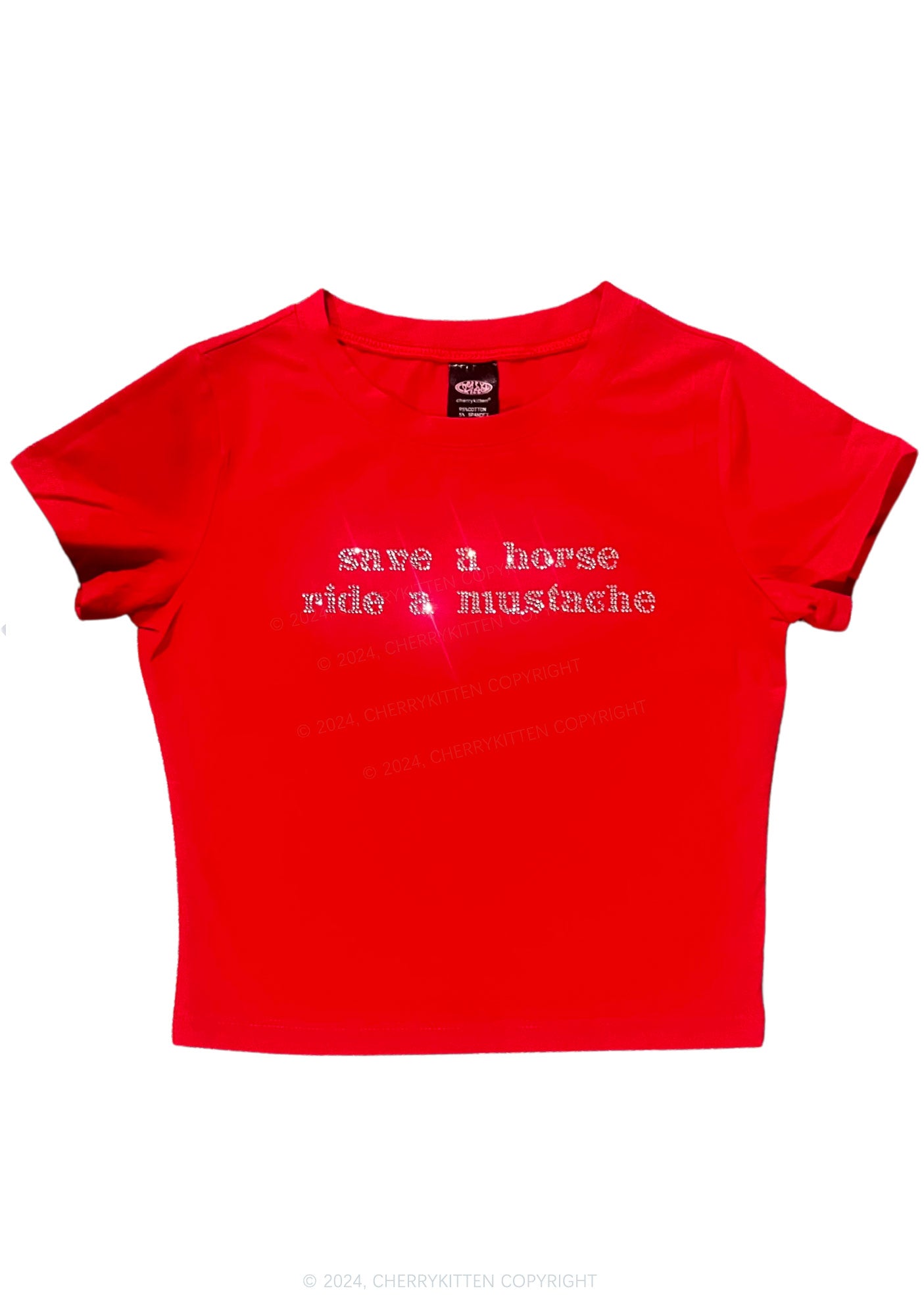 Rhinestone Ride A Mustache Y2K Baby Tee Cherrykitten