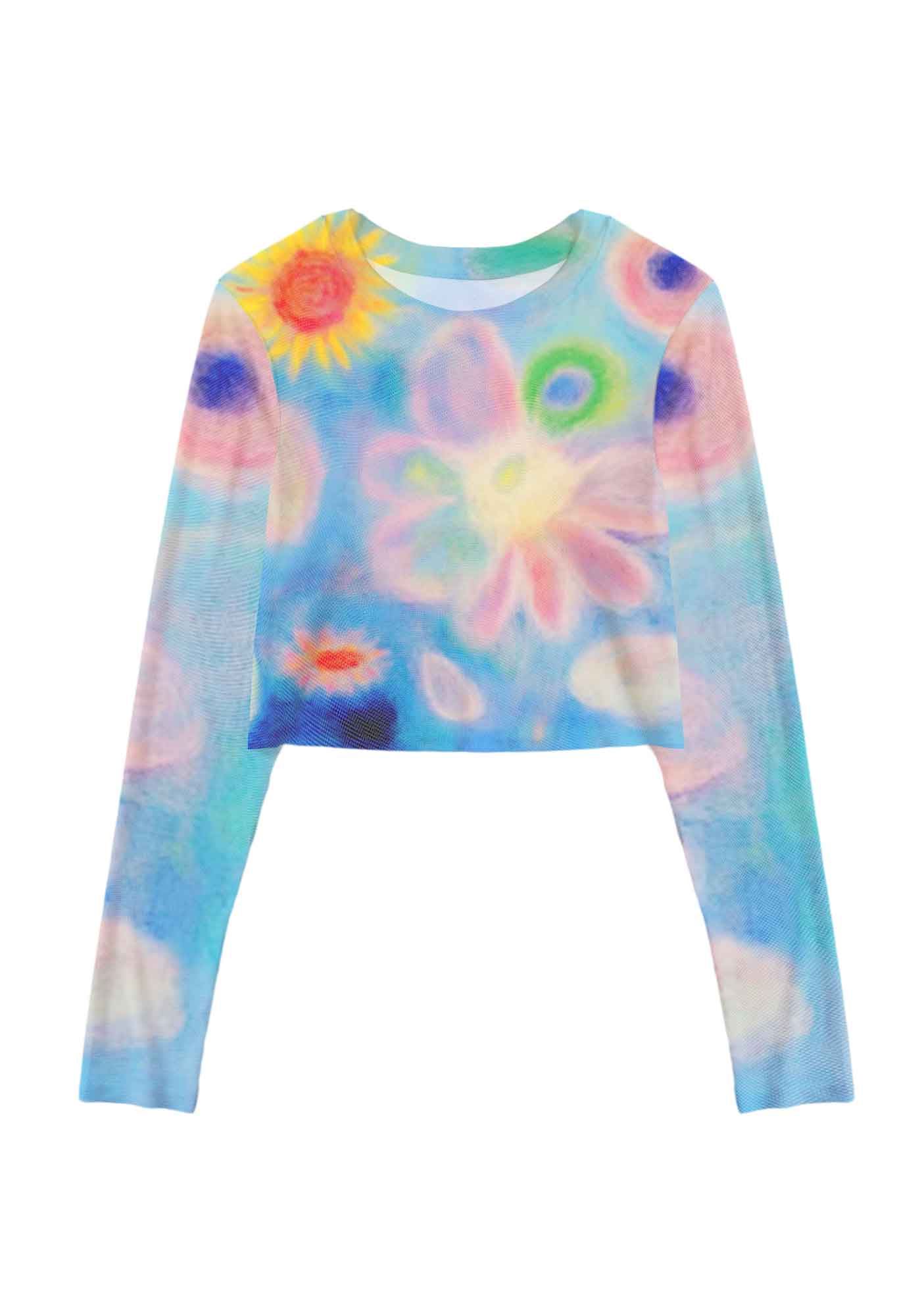 Flower Art Y2K Mesh Long Sleeve Crop Top Cherrykitten