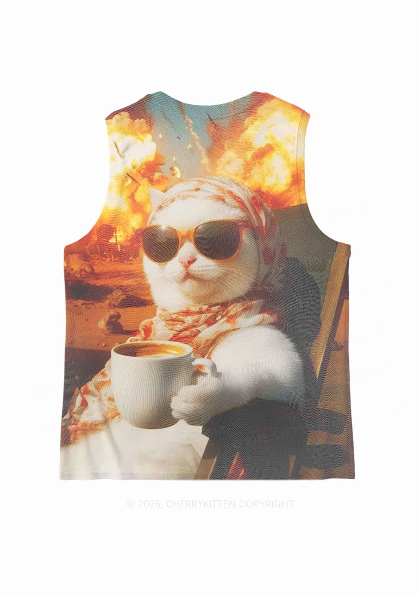 Cool Cat Enjoying Coffee Y2K Mesh Muscle Tank Cherrykitten