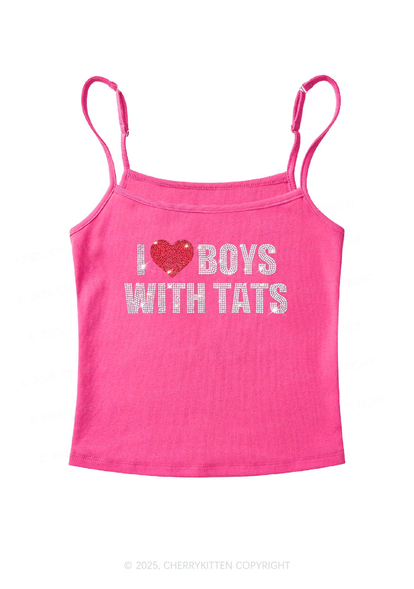 Rhinestone I Love Boys With Tats Y2K Spaghetti Strap Cami Cherrykitten