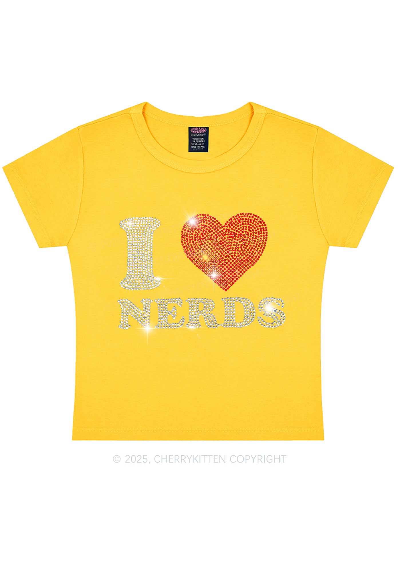 Rhinestone I Love Nerds Y2K Baby Tee Cherrykitten