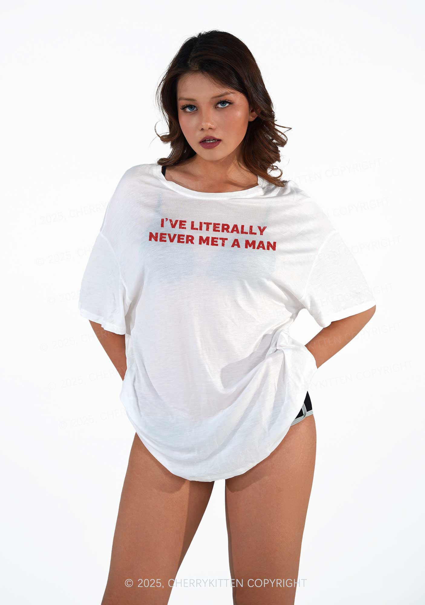 Never Met A Man Pride Y2K Sheer Boyfriend Tee Cherrykitten