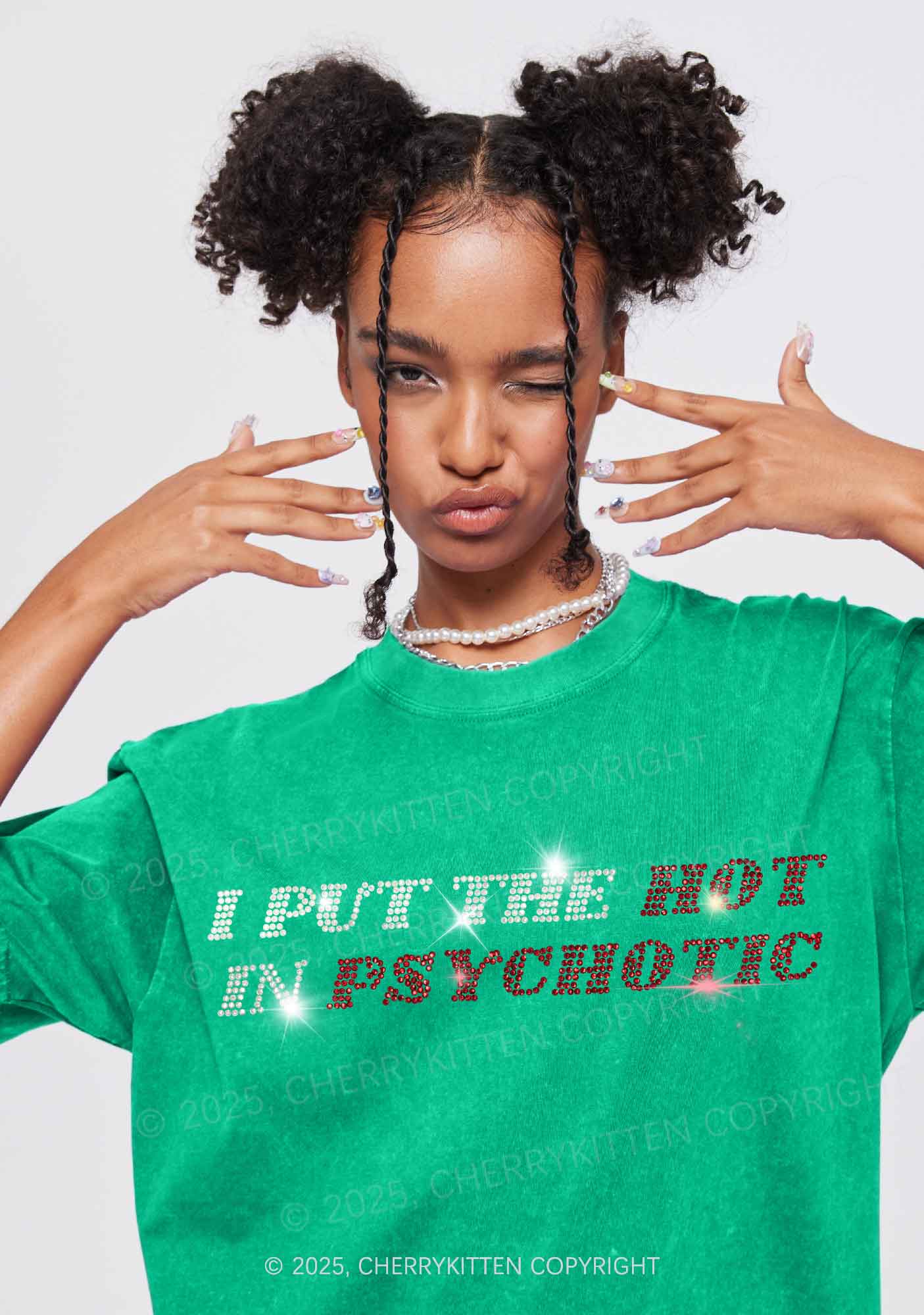 Rhinestone I Put The Hot In Psychotic Y2K Shirts Washed Tee Cherrykitten