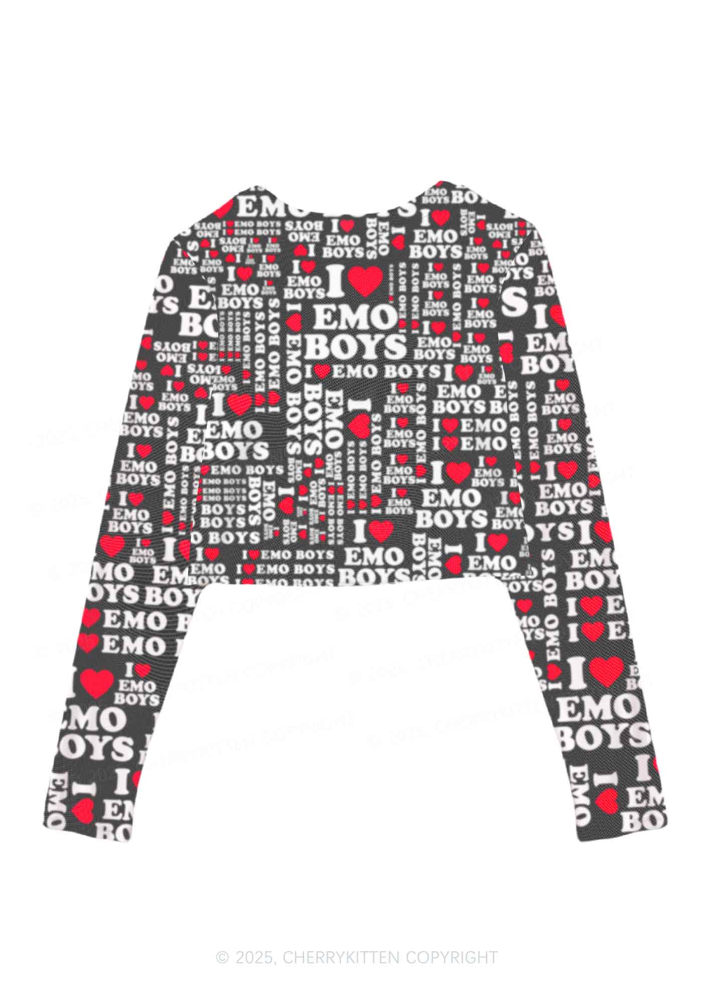 I Love Emo Boys Y2K Mesh Long Sleeve Crop Top Cherrykitten