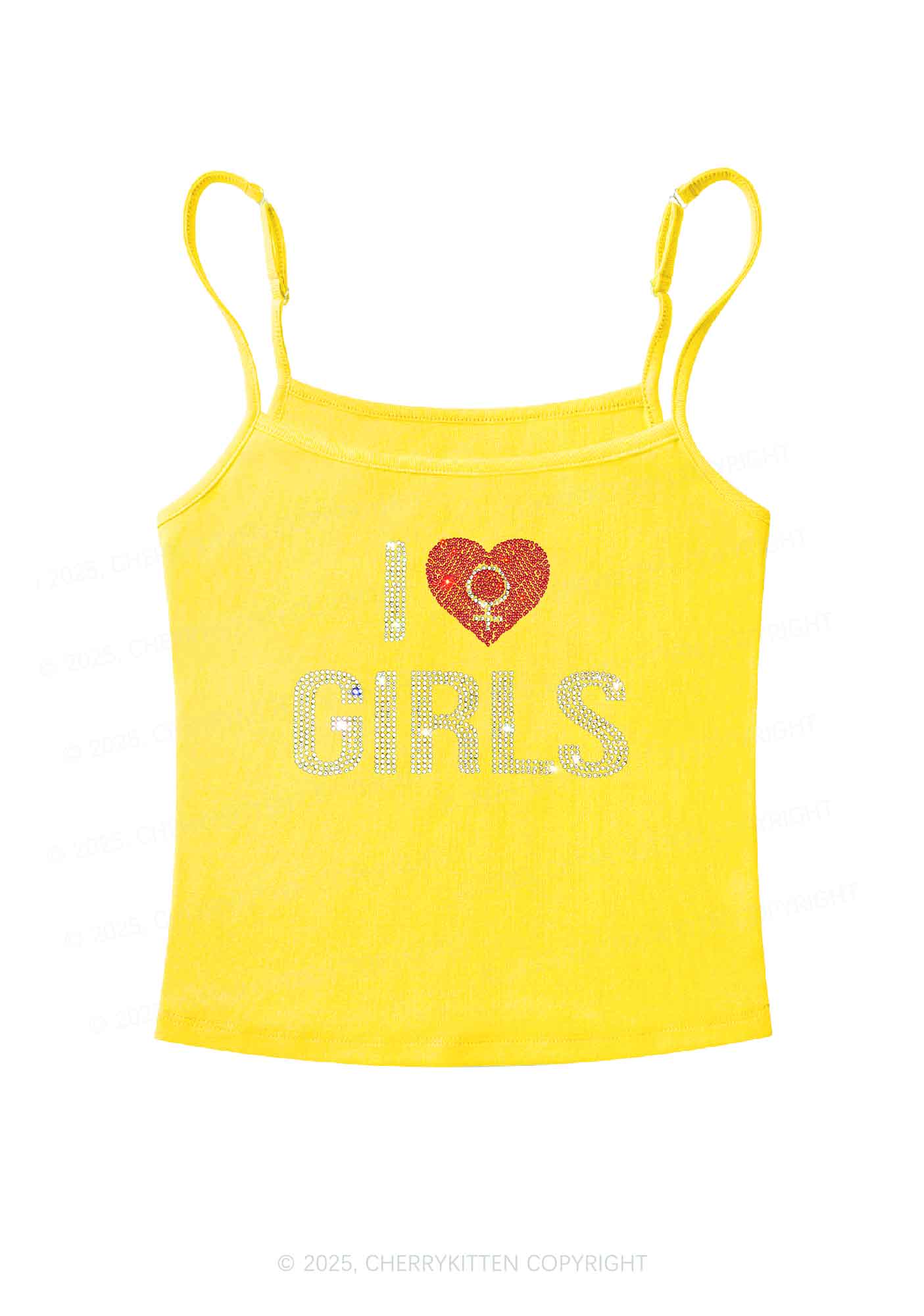 Rhinestone I Love Girls Pride Y2K Spaghetti Strap Cami Cherrykitten