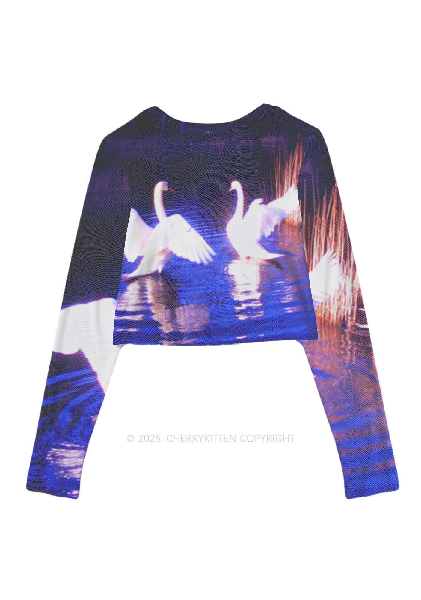 Swans on Water Y2K Mesh Long Sleeve Crop Top Cherrykitten