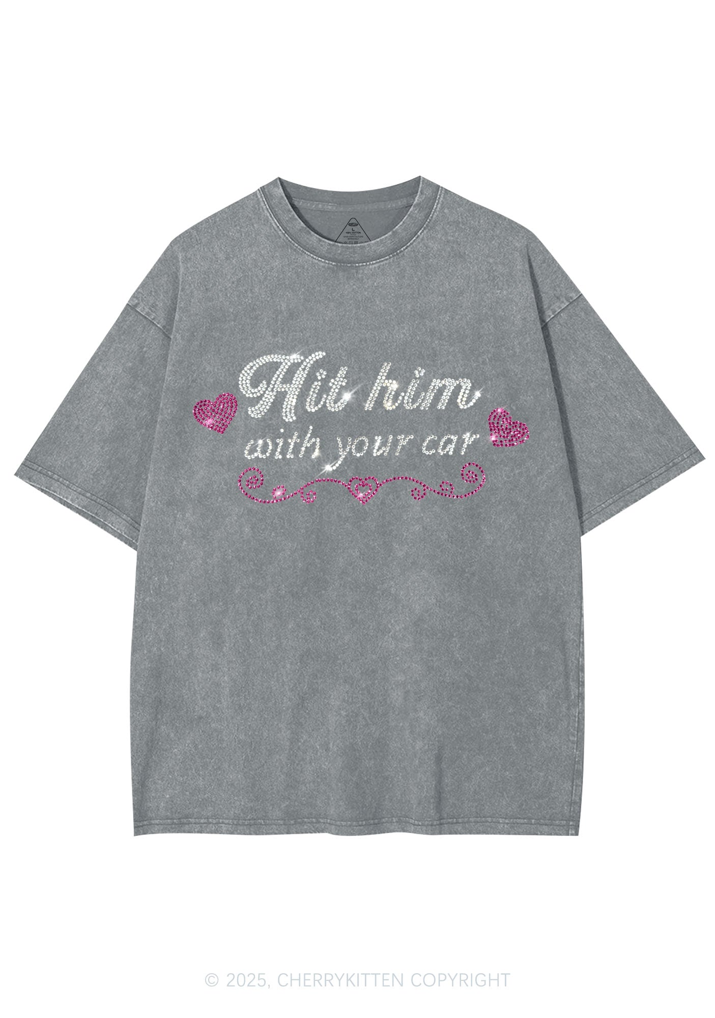 Rhinestone Hit Him Y2K Shirts Washed Tee Cherrykitten