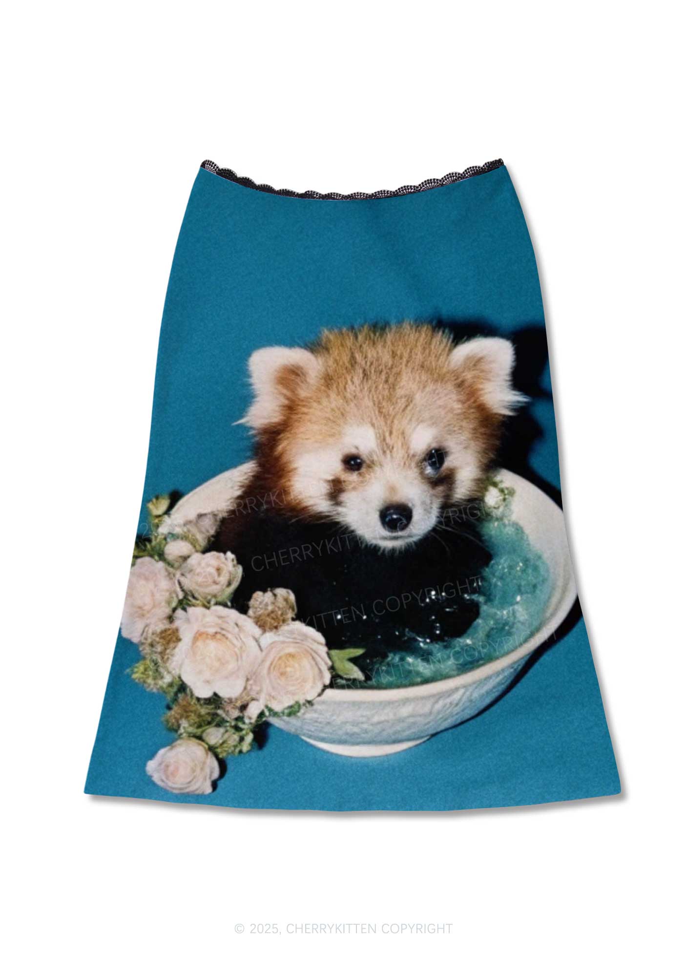 Red Panda In Bowl Y2K Print Midi Skirt Cherrykitten
