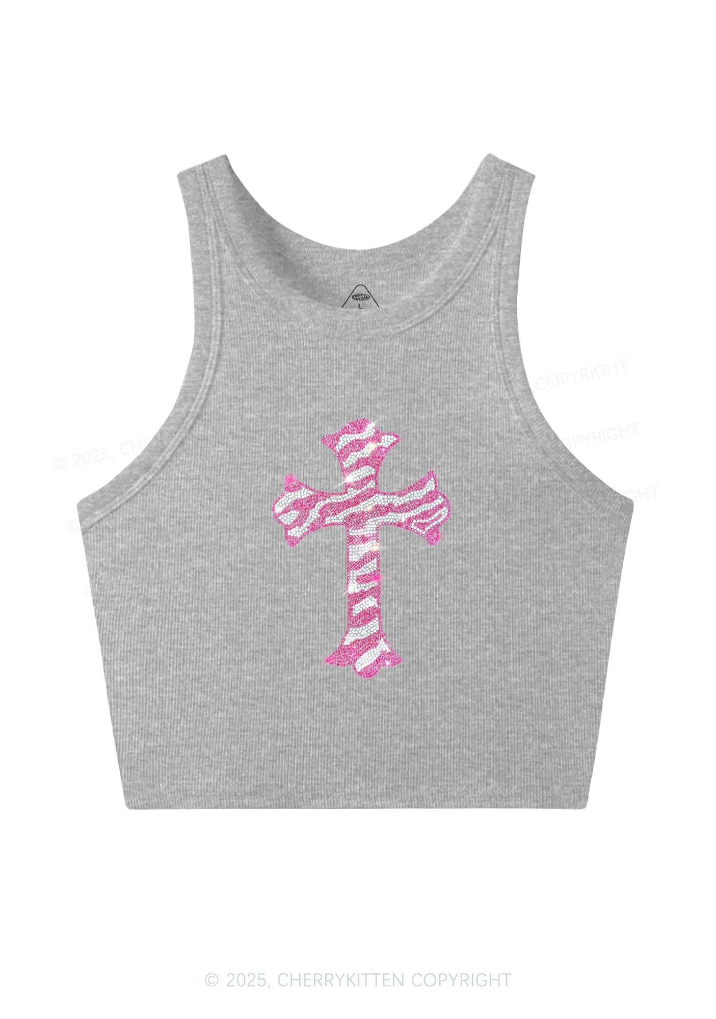 Rhinestone Pink Cross Y2K Crop Tank Top Cherrykitten