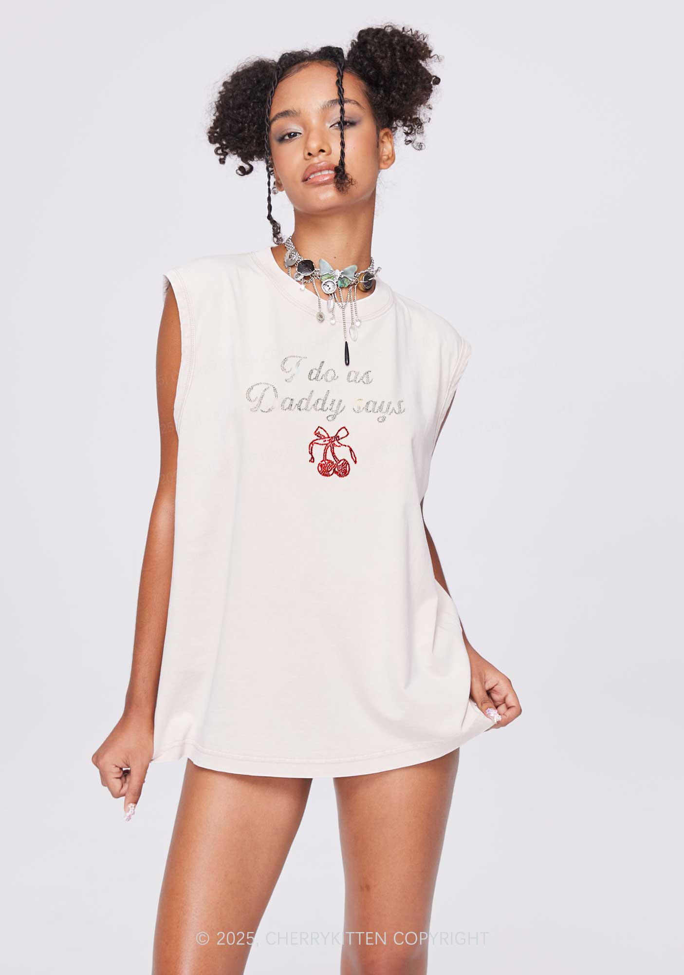 Rhinestone I Do As Daddy Says Y2K Washed Muscle Tank Cherrykitten