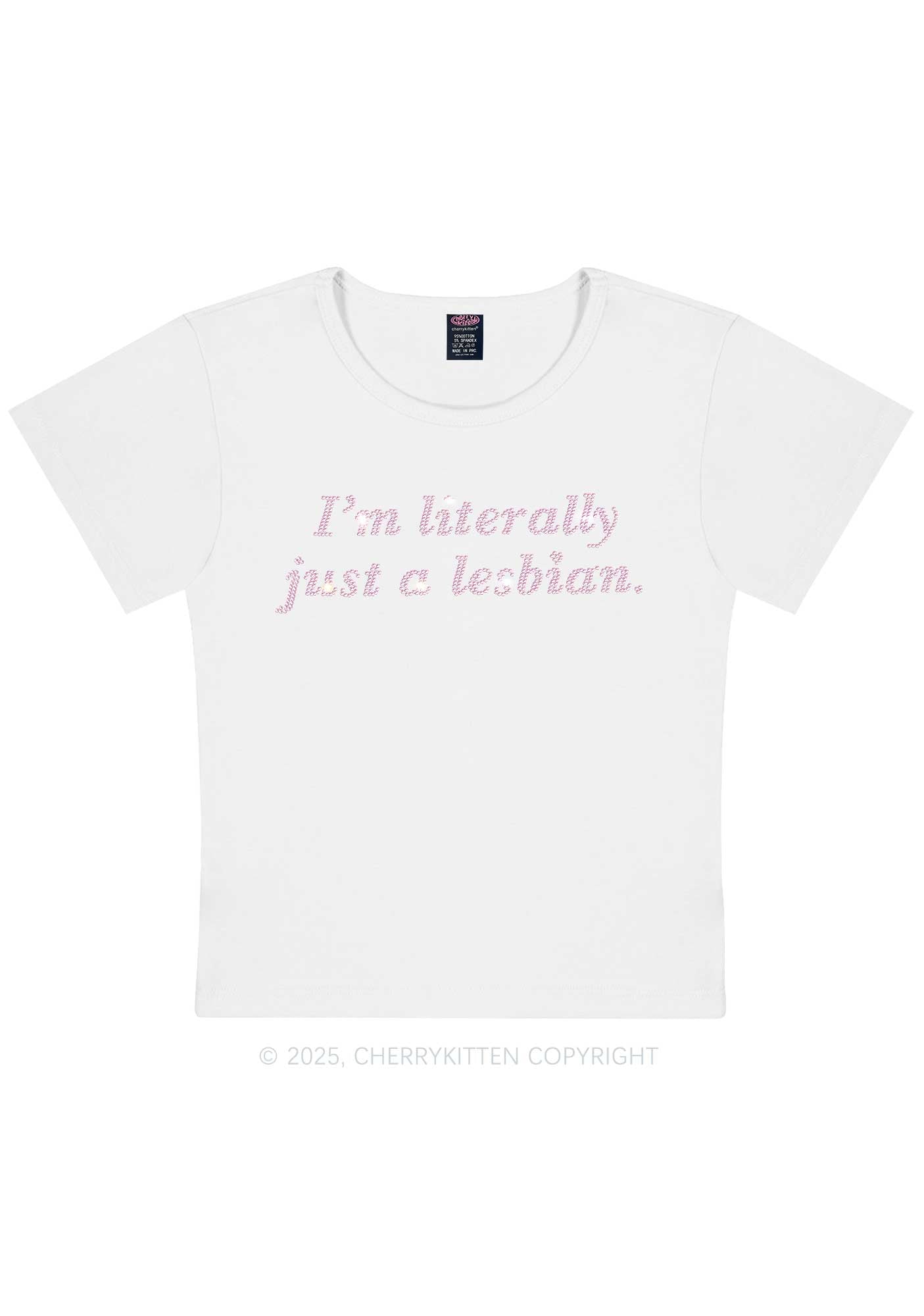 Rhinestone Literally Just A Lesbian Pride Y2K Baby Tee Cherrykitten