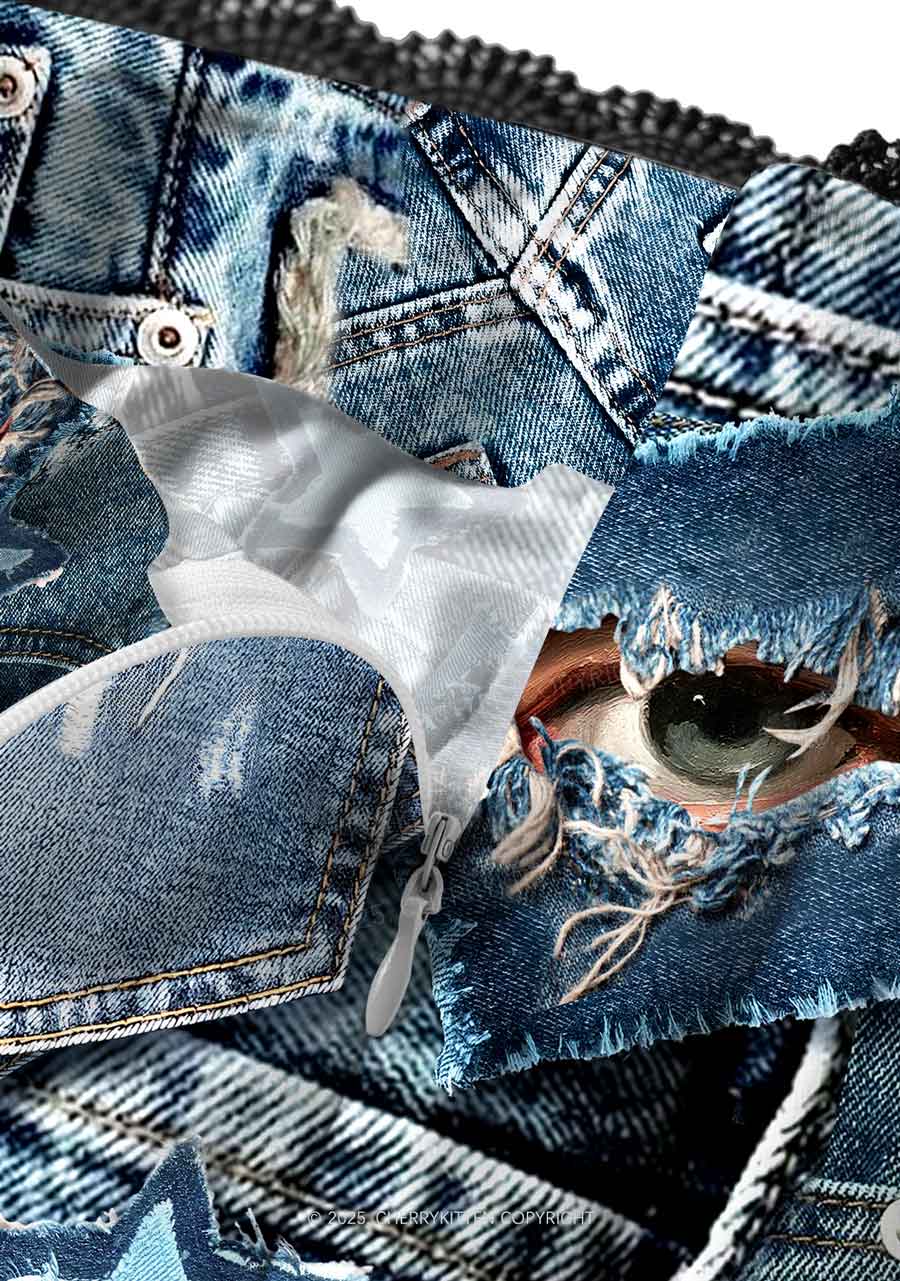 Denim Patchwork Y2K Print Midi Skirt Cherrykitten