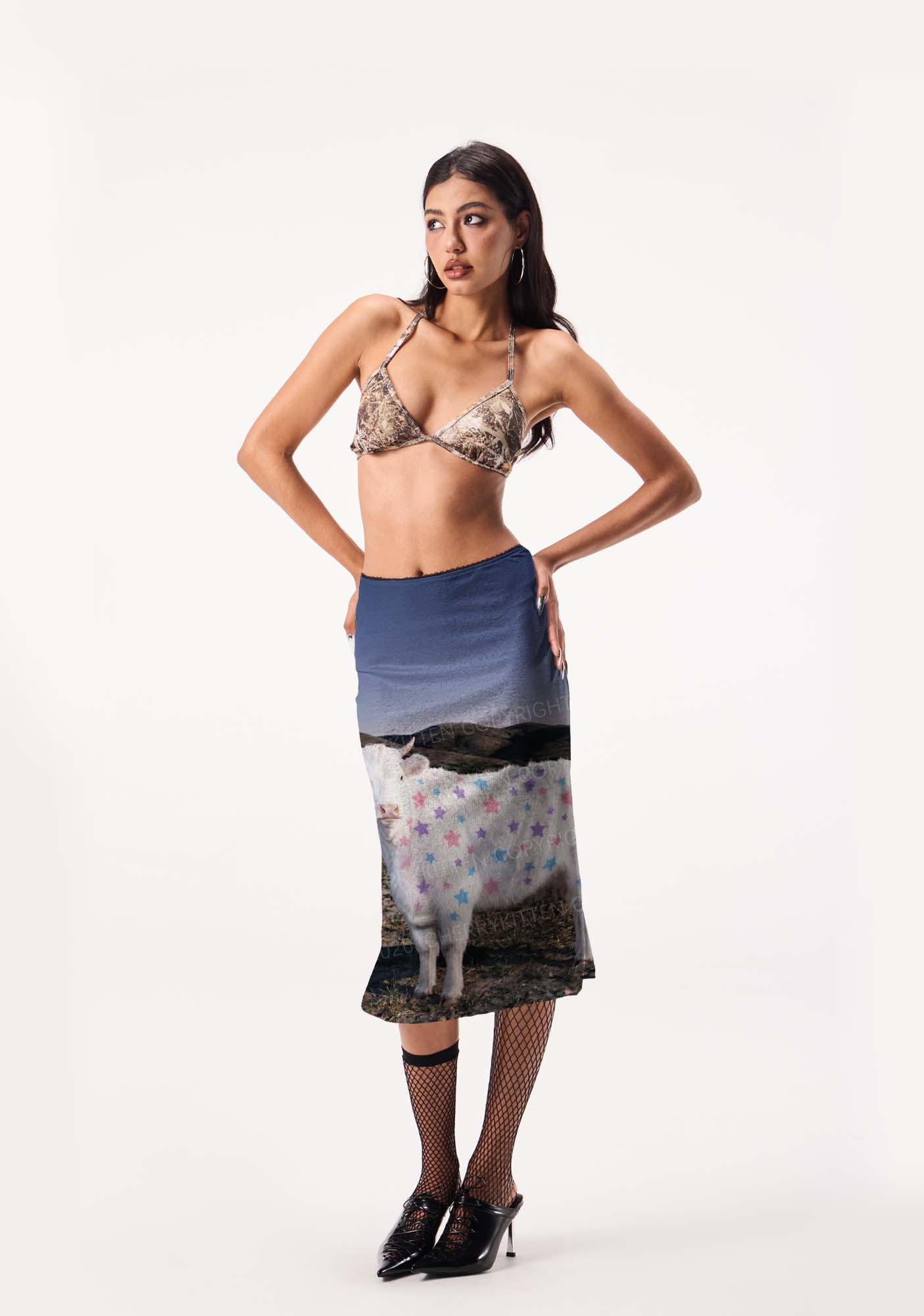 Pastel Star Cow Y2K Print Midi Skirt Cherrykitten