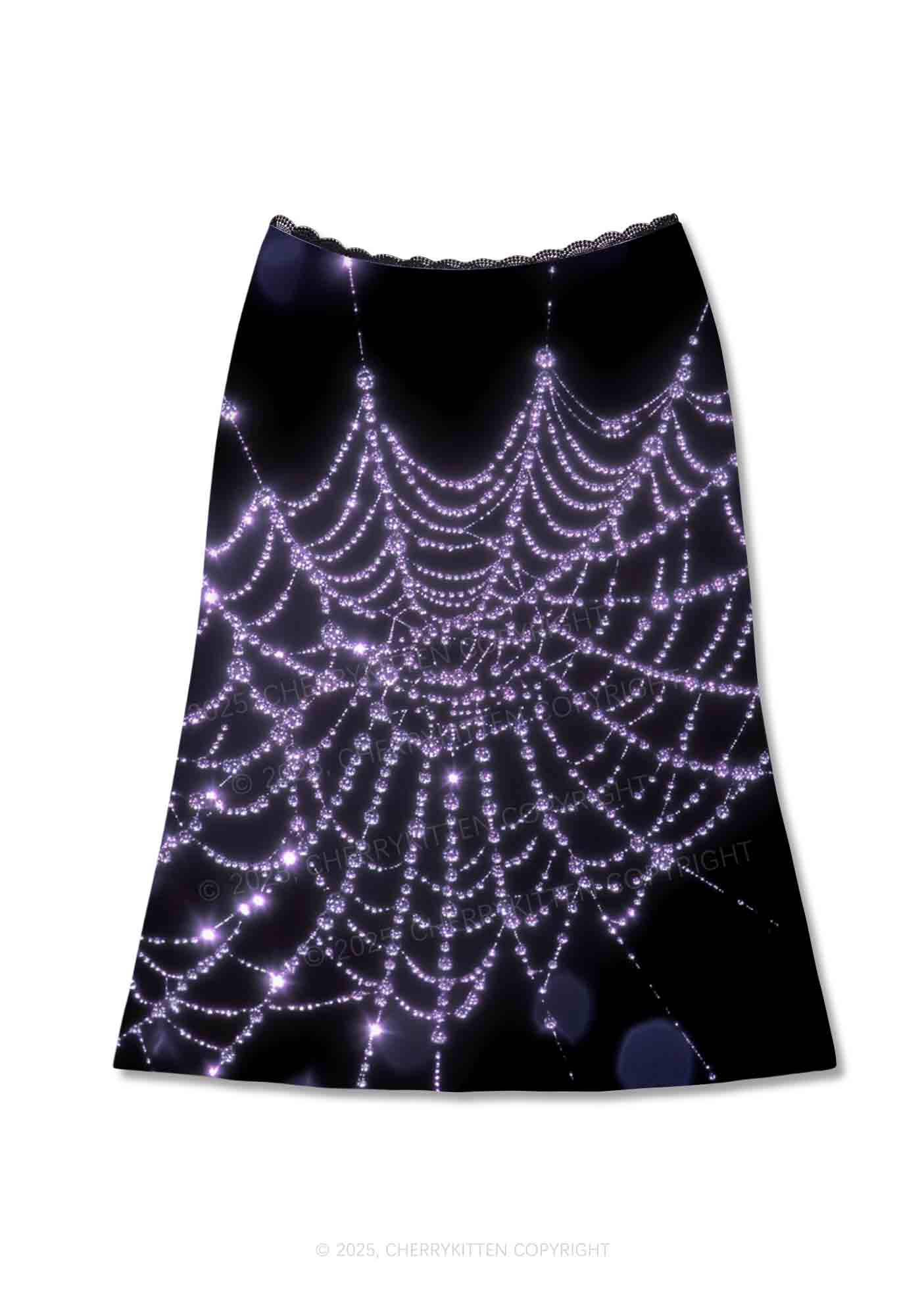 Glistening Spiderweb Y2K Print Midi Skirt Cherrykitten