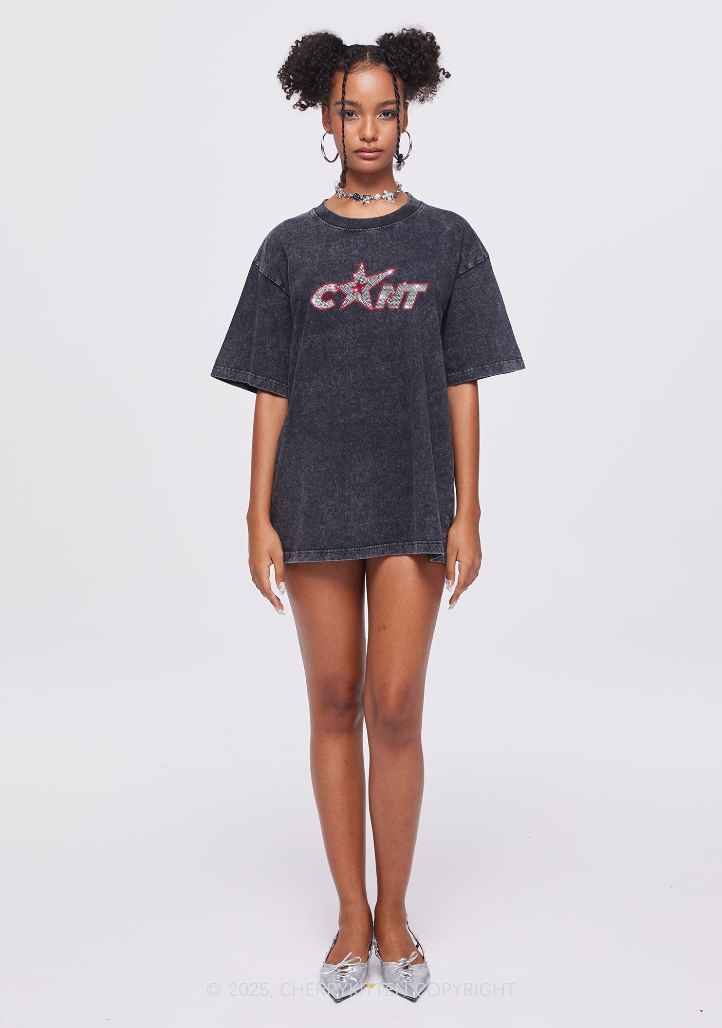 Rhinestone Star Cxxt Y2K Shirts Washed Tee Cherrykitten