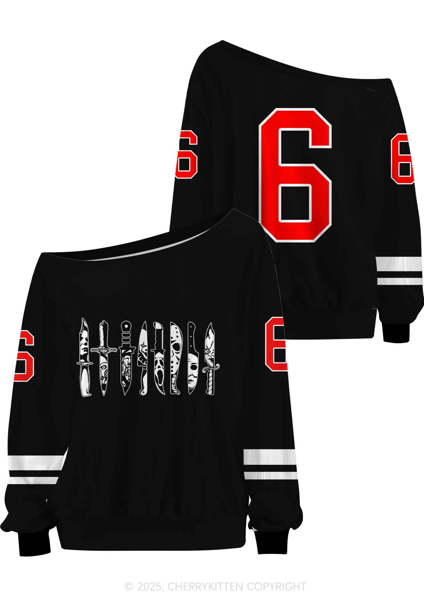 Custom Halloween Ghost Knife Y2K Off Shoulder Long Sleeve Sport Jersey Shirts Cherrykitten