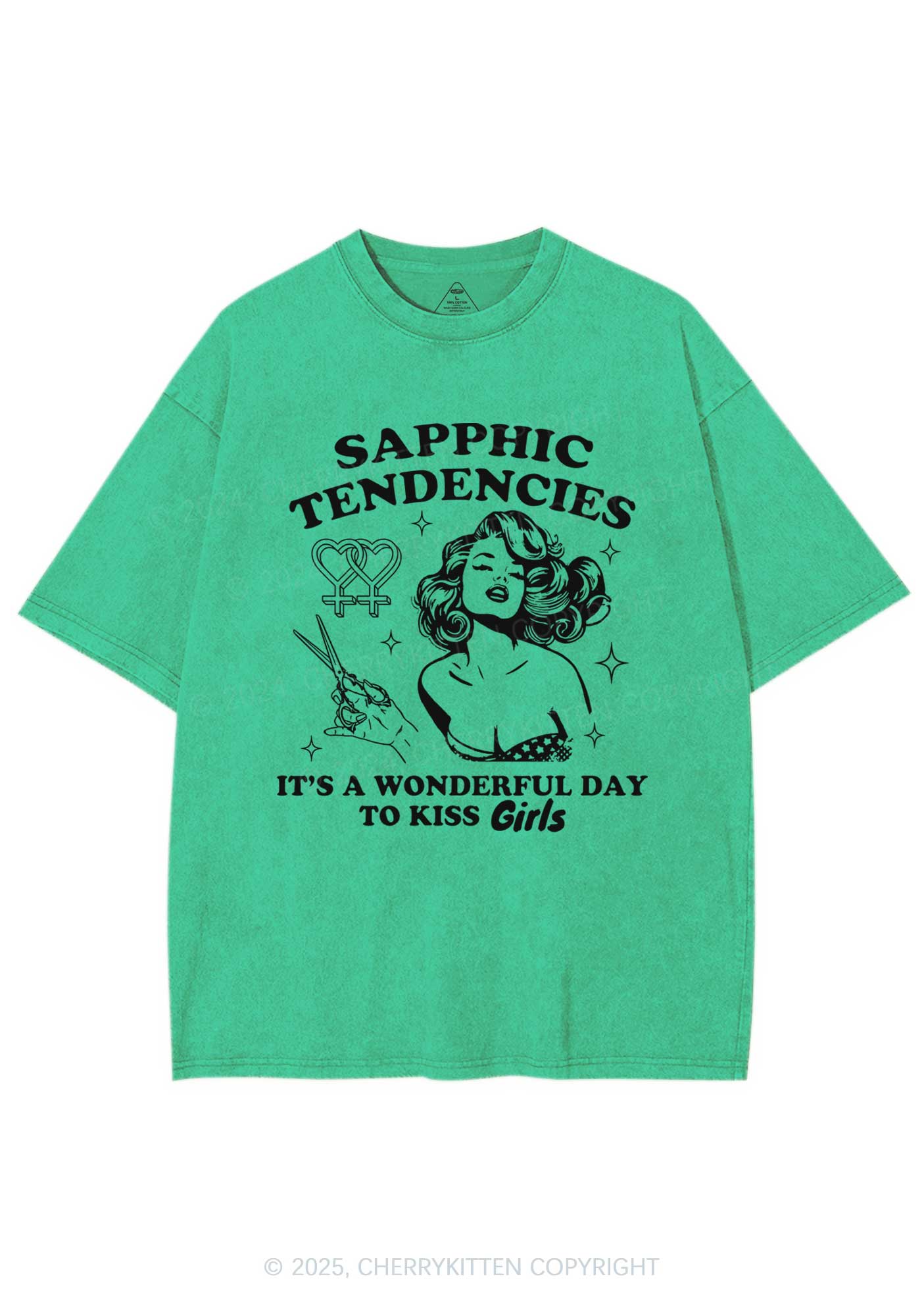 Sapphic Tendencies Kiss Girls Y2K Shirts Washed Tee Cherrykitten