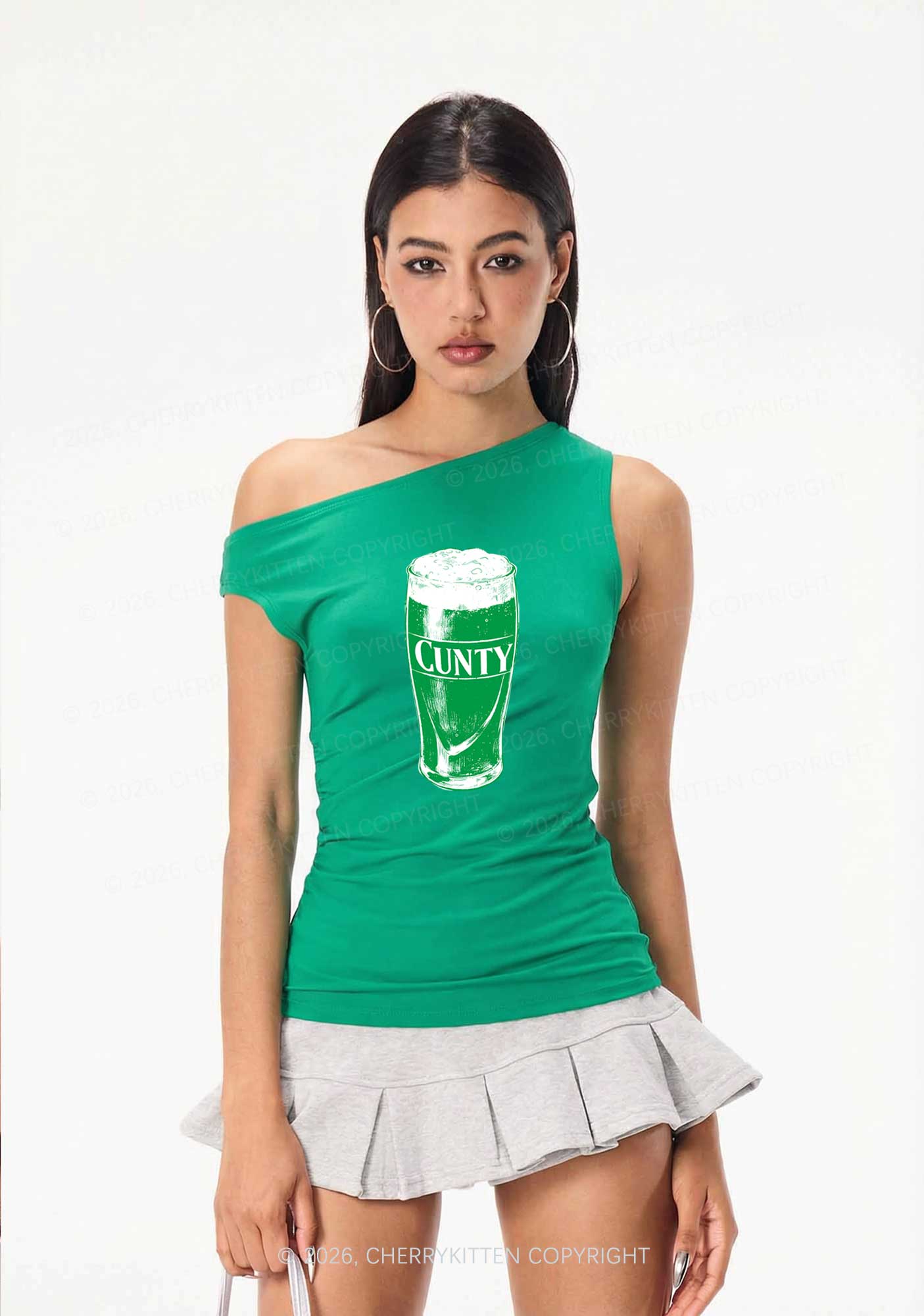 Green Cxxty Beer St Patricks Y2K Off Shoulder Tank Top Cherrykitten