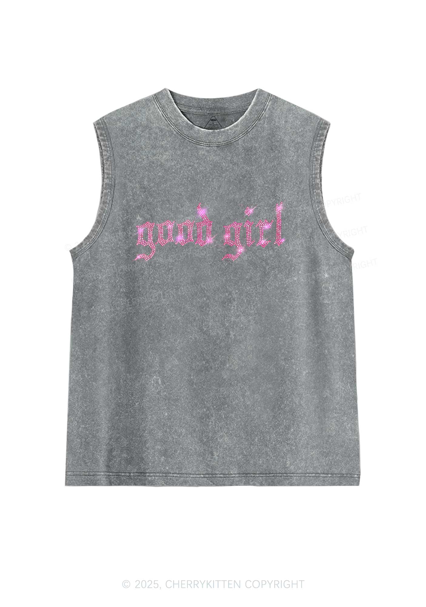 Rhinestone Good Girl Y2K Washed Muscle Tank Cherrykitten