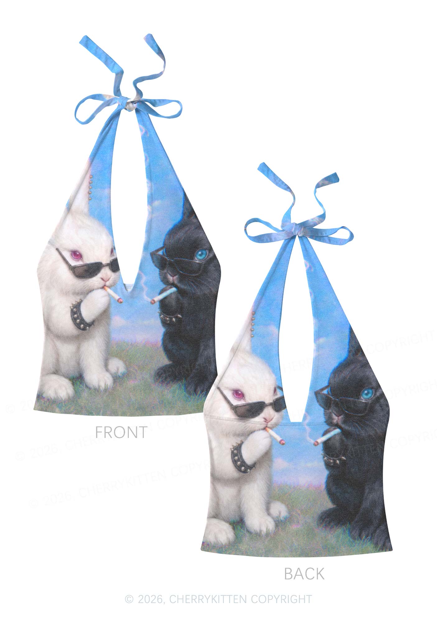 Smoking Punk Bunny Y2K Print Halter Deep V Neck Cami Cherrykitten