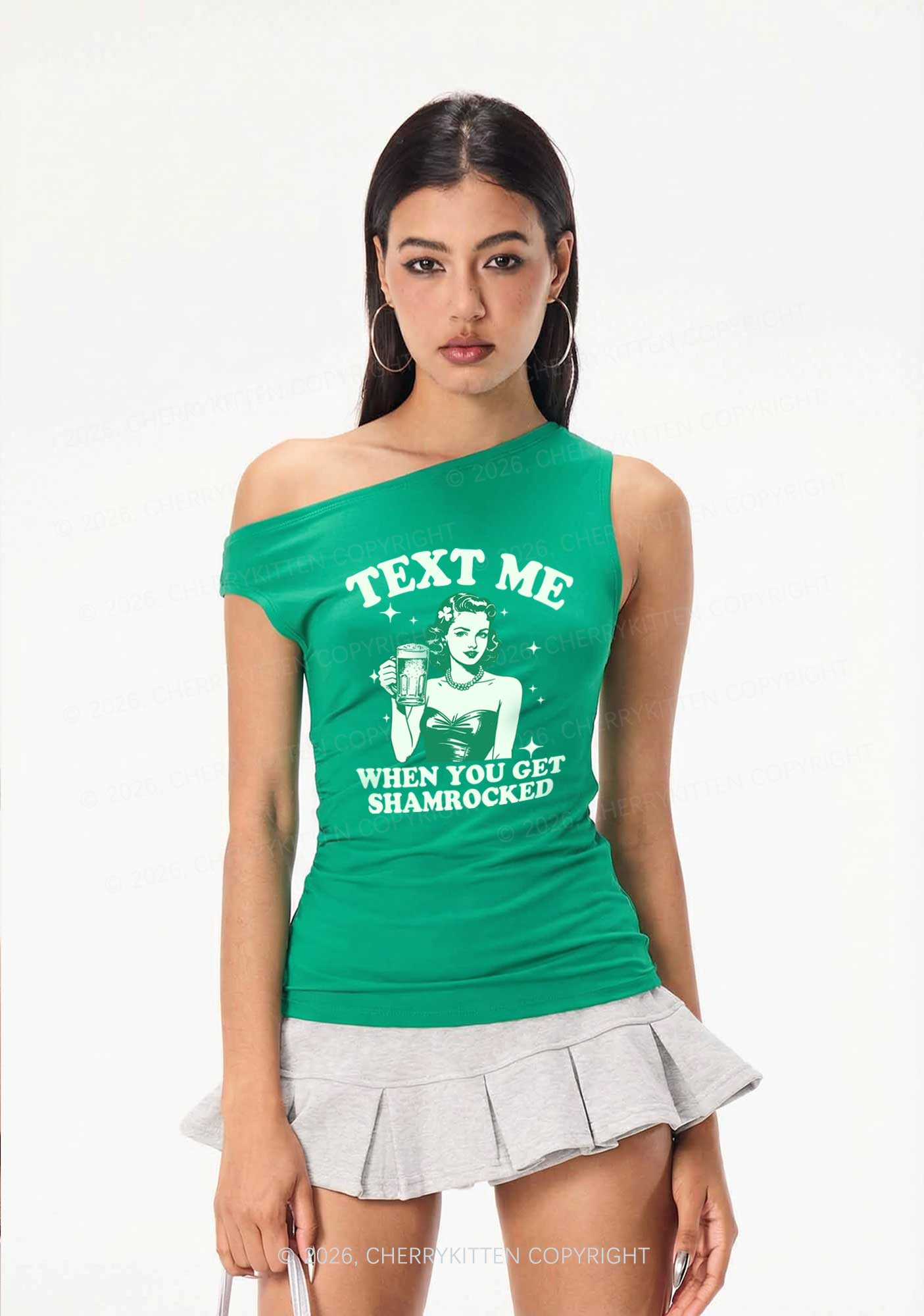 Text Me When You Get Shamrocked St Patricks Y2K Off Shoulder Tank Top Cherrykitten
